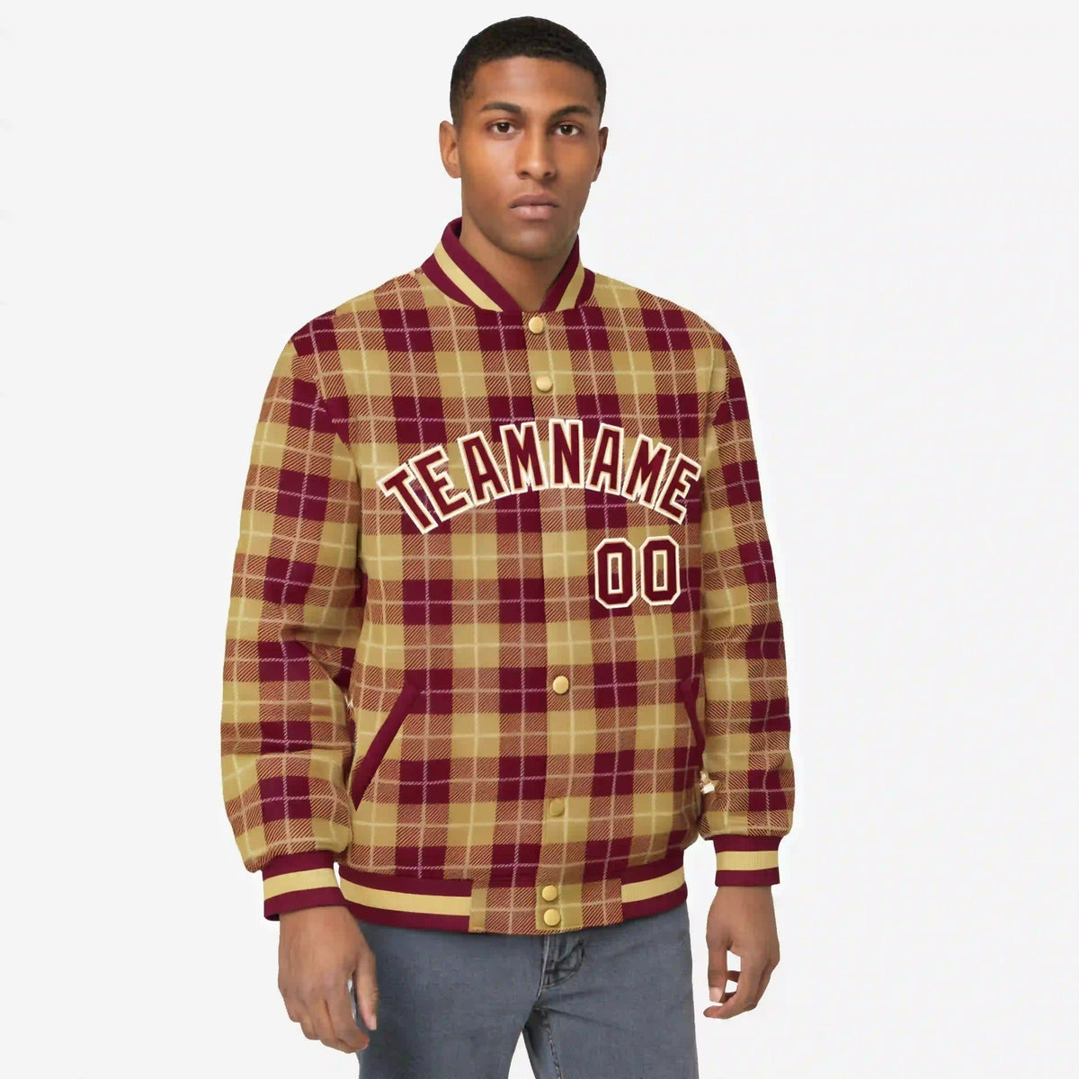 Custom Red-Gold Varsity Full-Snap Plaid Pattern Letterman Baseball Jacket