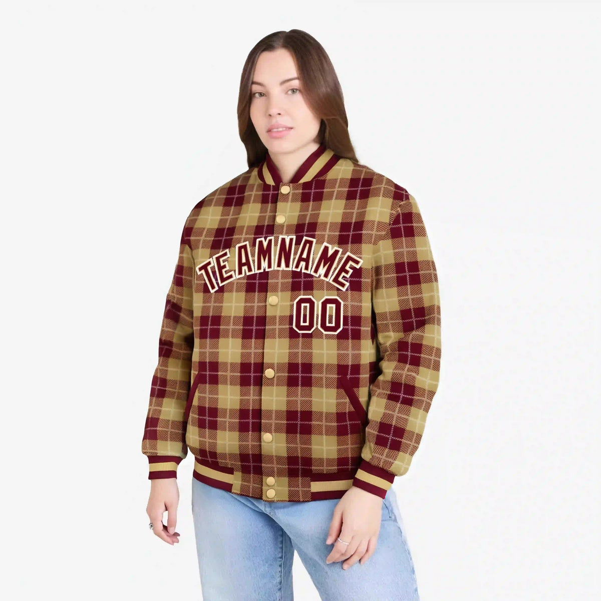 Custom Red-Gold Varsity Full-Snap Plaid Pattern Letterman Baseball Jacket