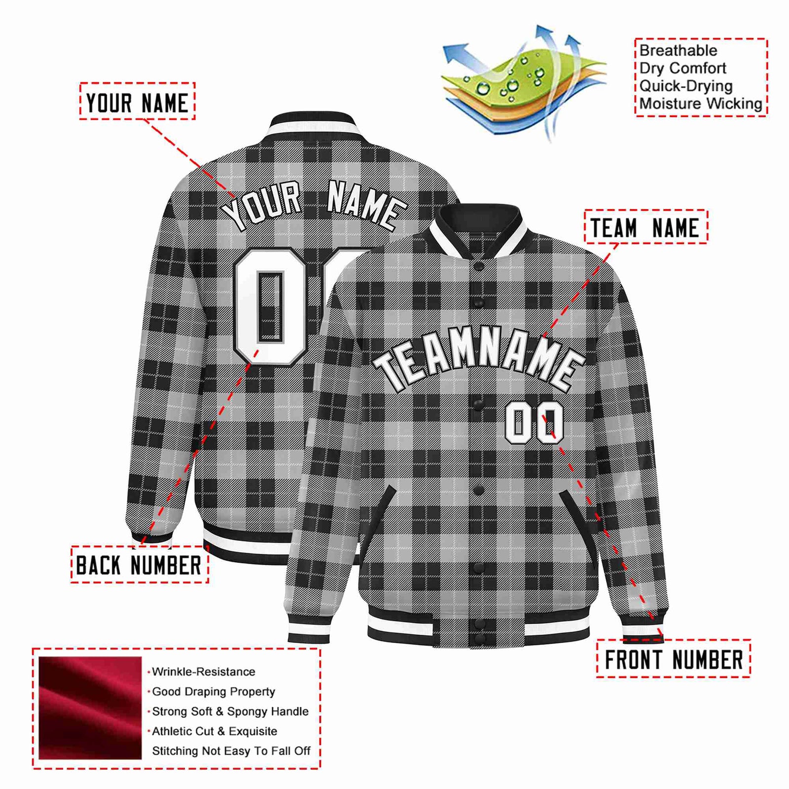 Custom Gray-Black Varsity Full-Snap Plaid Pattern Letterman Baseball Jacket