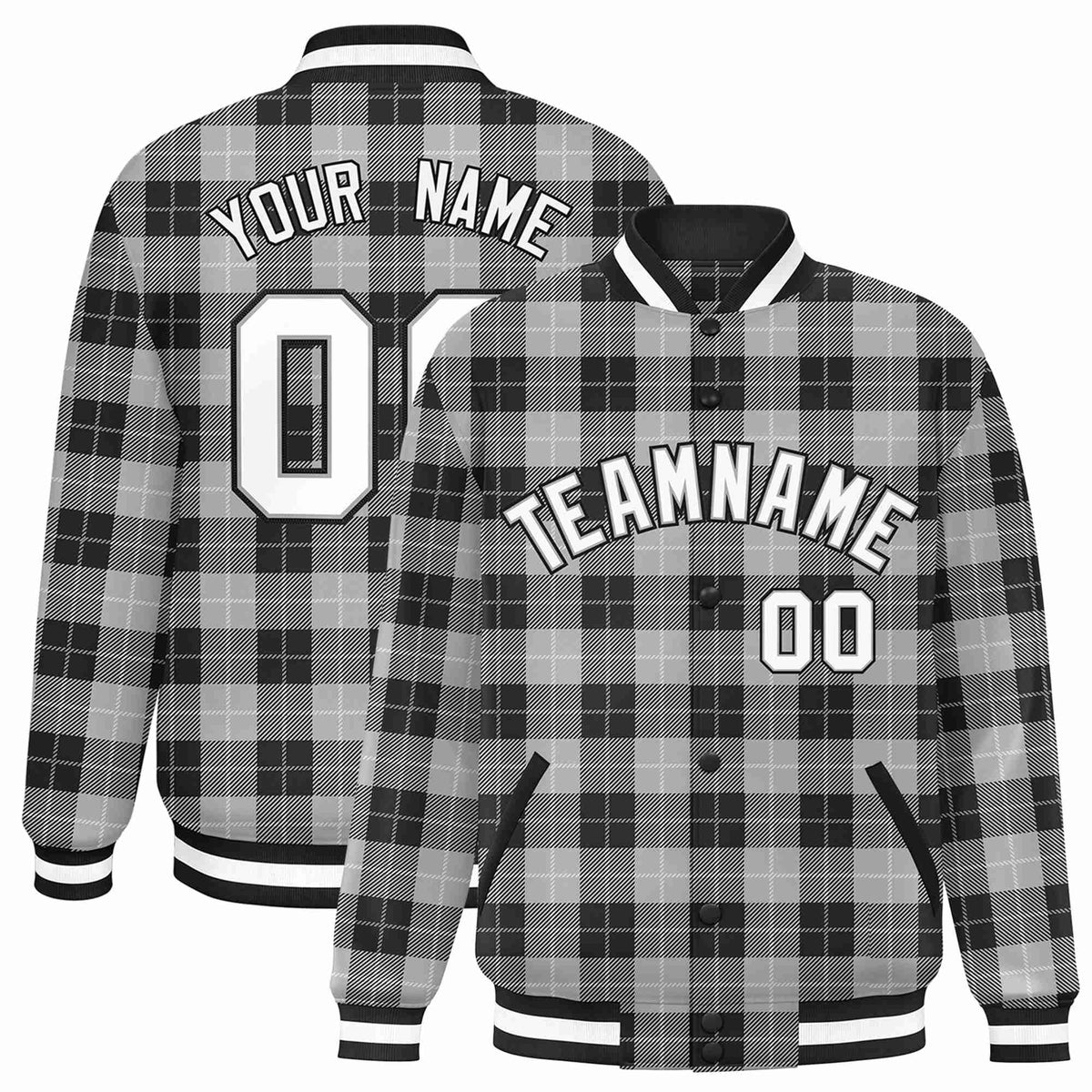 Custom Gray-Black Varsity Full-Snap Plaid Pattern Letterman Baseball Jacket