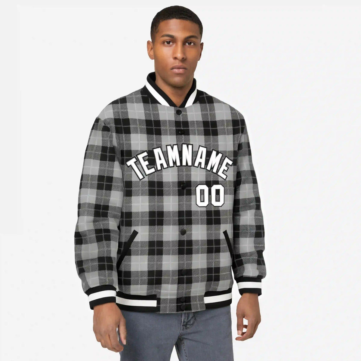 Custom Gray-Black Varsity Full-Snap Plaid Pattern Letterman Baseball Jacket