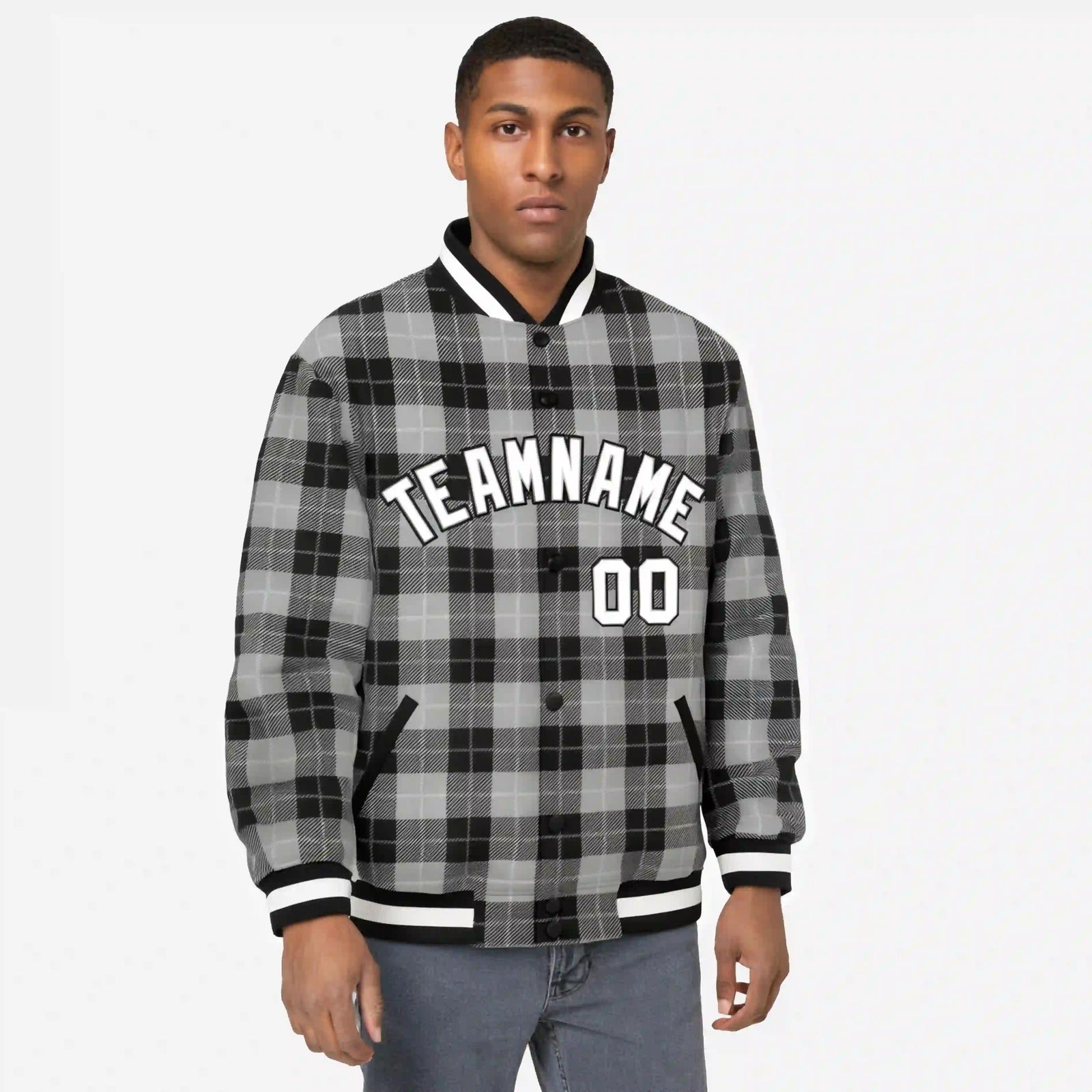 Custom Gray-Black Varsity Full-Snap Plaid Pattern Letterman Baseball Jacket