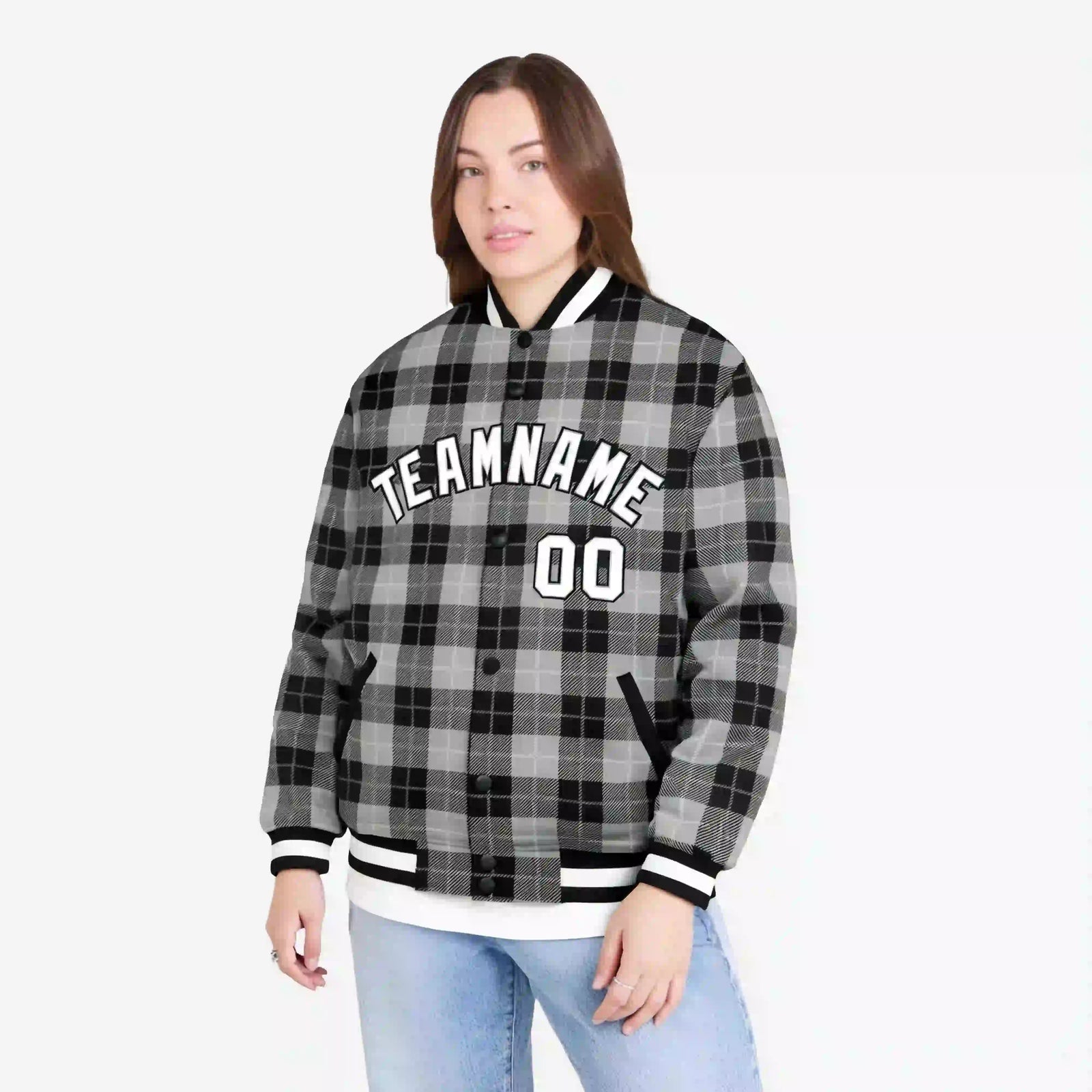 Custom Gray-Black Varsity Full-Snap Plaid Pattern Letterman Baseball Jacket