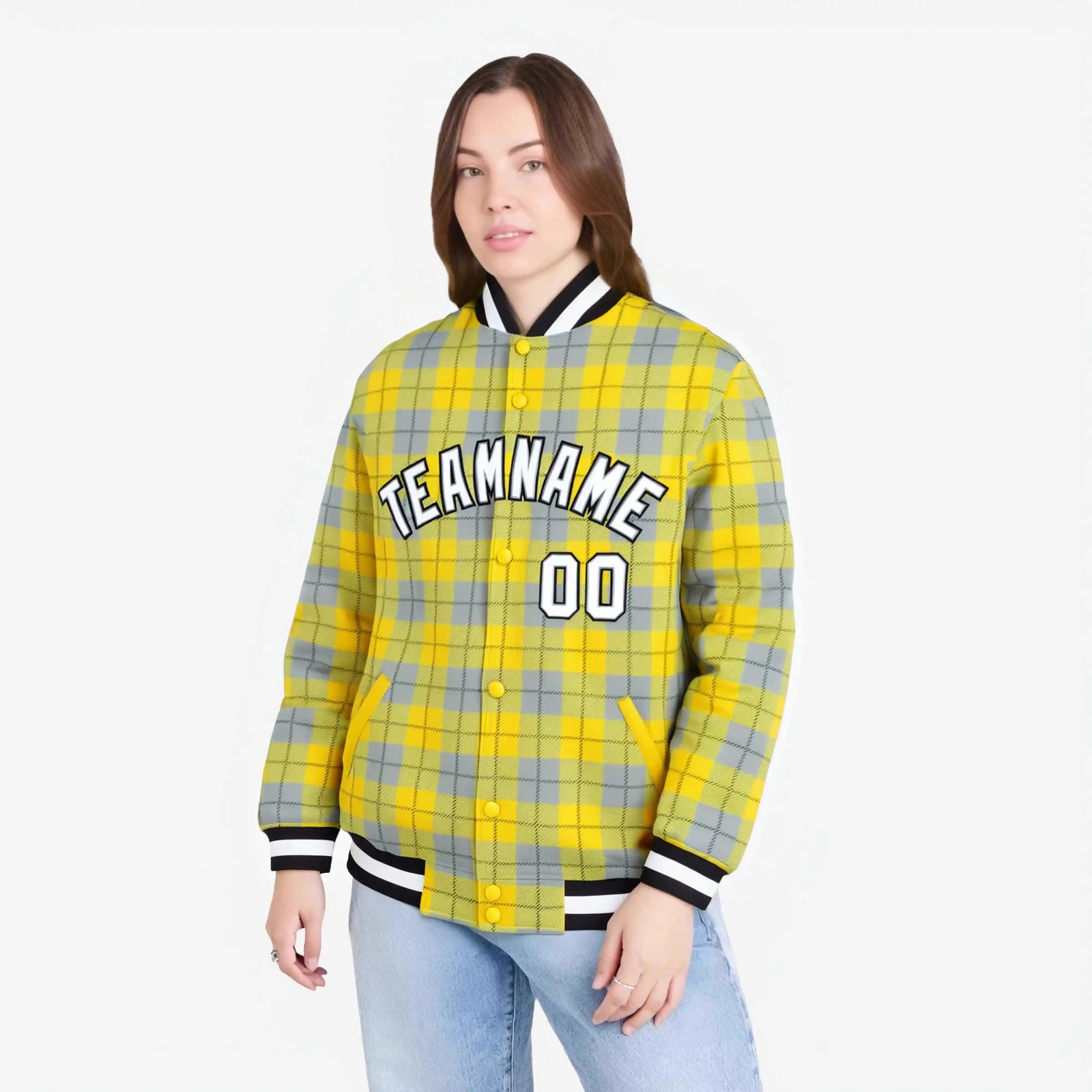 Custom Gold-Gray Varsity Full-Snap Plaid Pattern Letterman Baseball Jacket