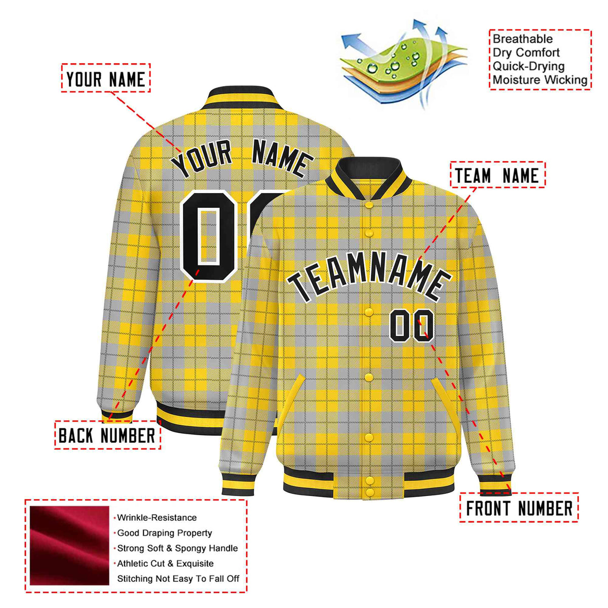 Custom Gold-Gray Varsity Full-Snap Plaid Pattern Letterman Baseball Jacket