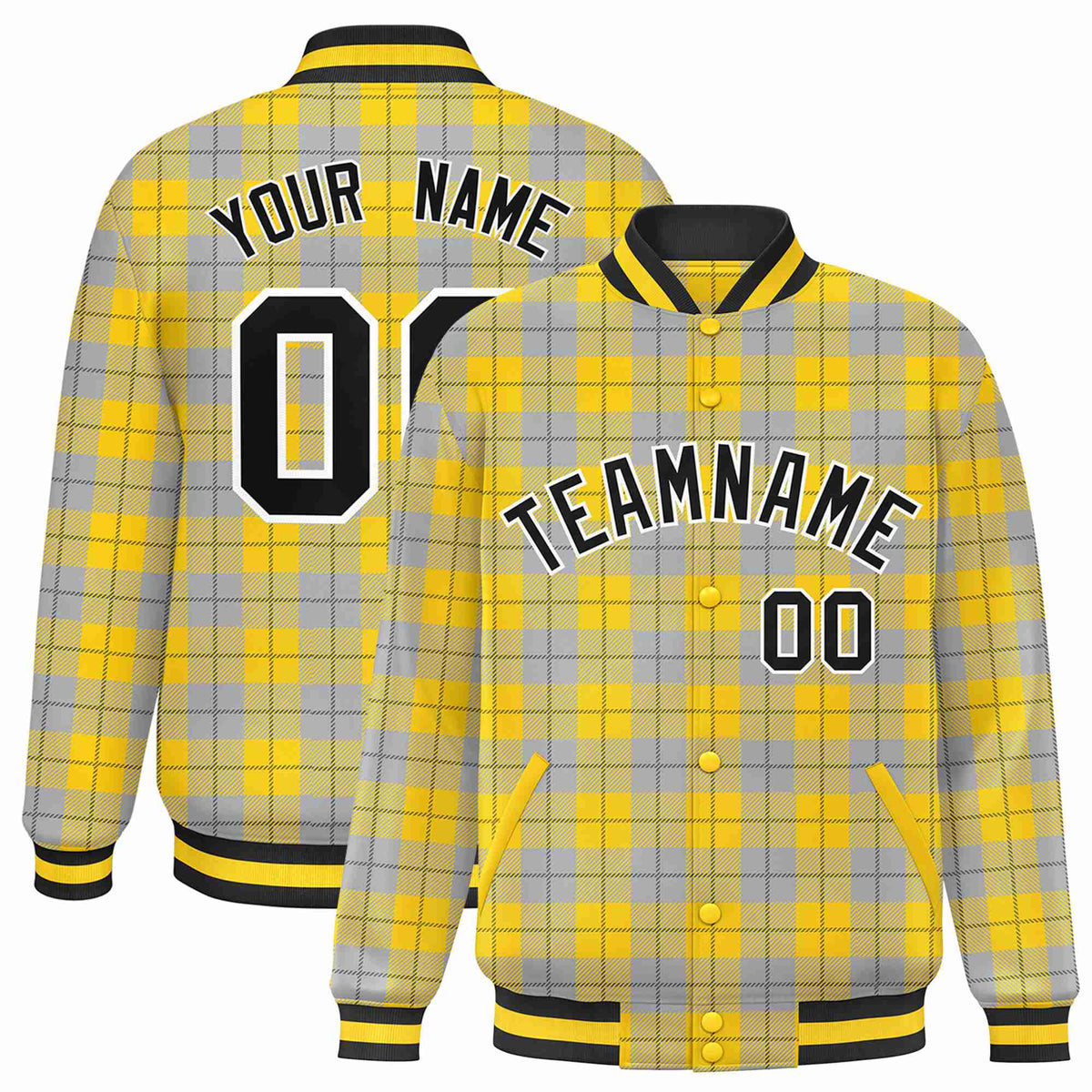 Custom Gold-Gray Varsity Full-Snap Plaid Pattern Letterman Baseball Jacket