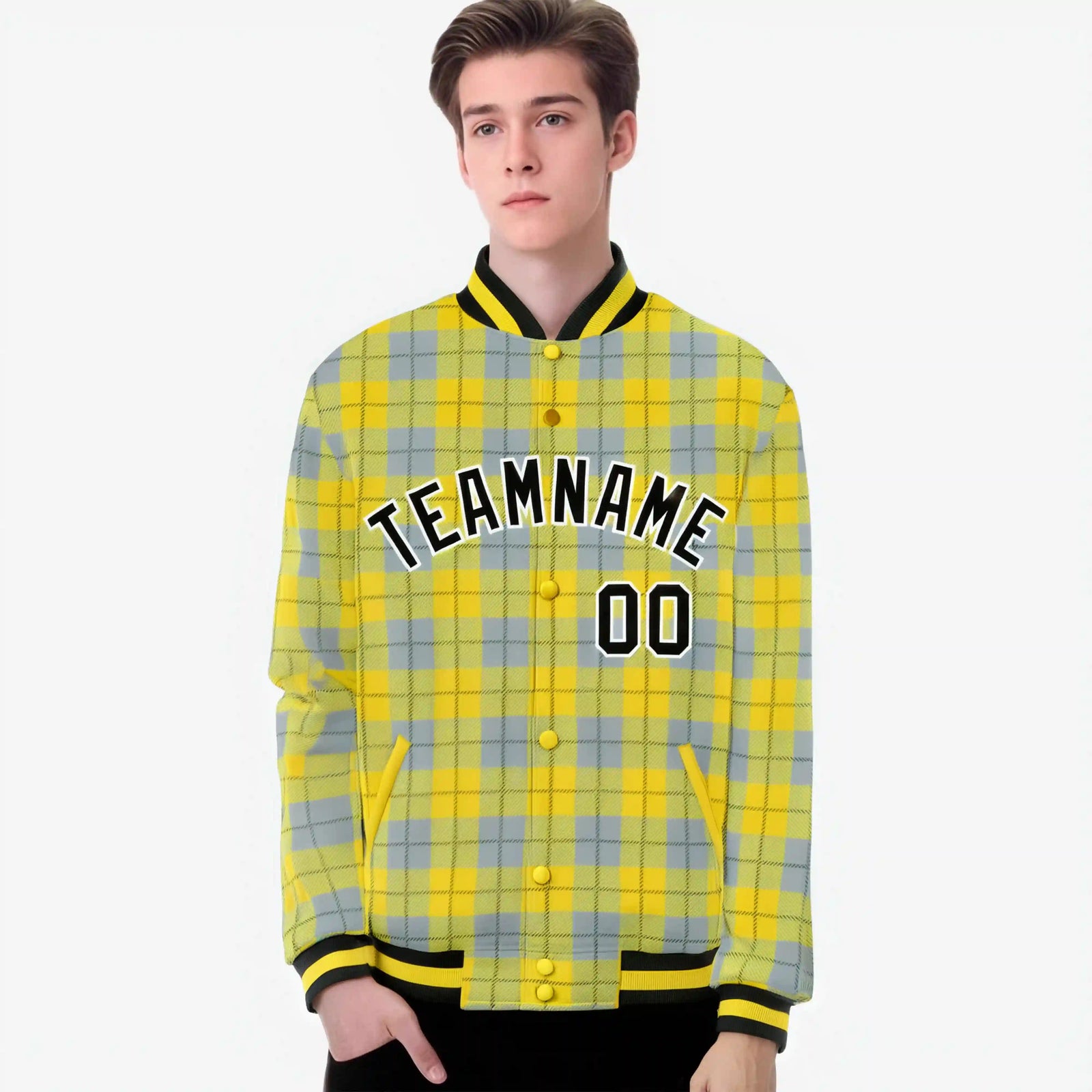 Custom Gold-Gray Varsity Full-Snap Plaid Pattern Letterman Baseball Jacket