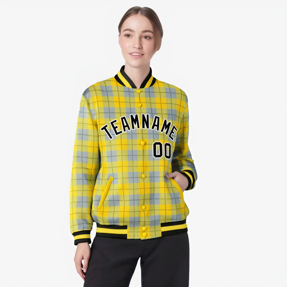 Custom Gold-Gray Varsity Full-Snap Plaid Pattern Letterman Baseball Jacket