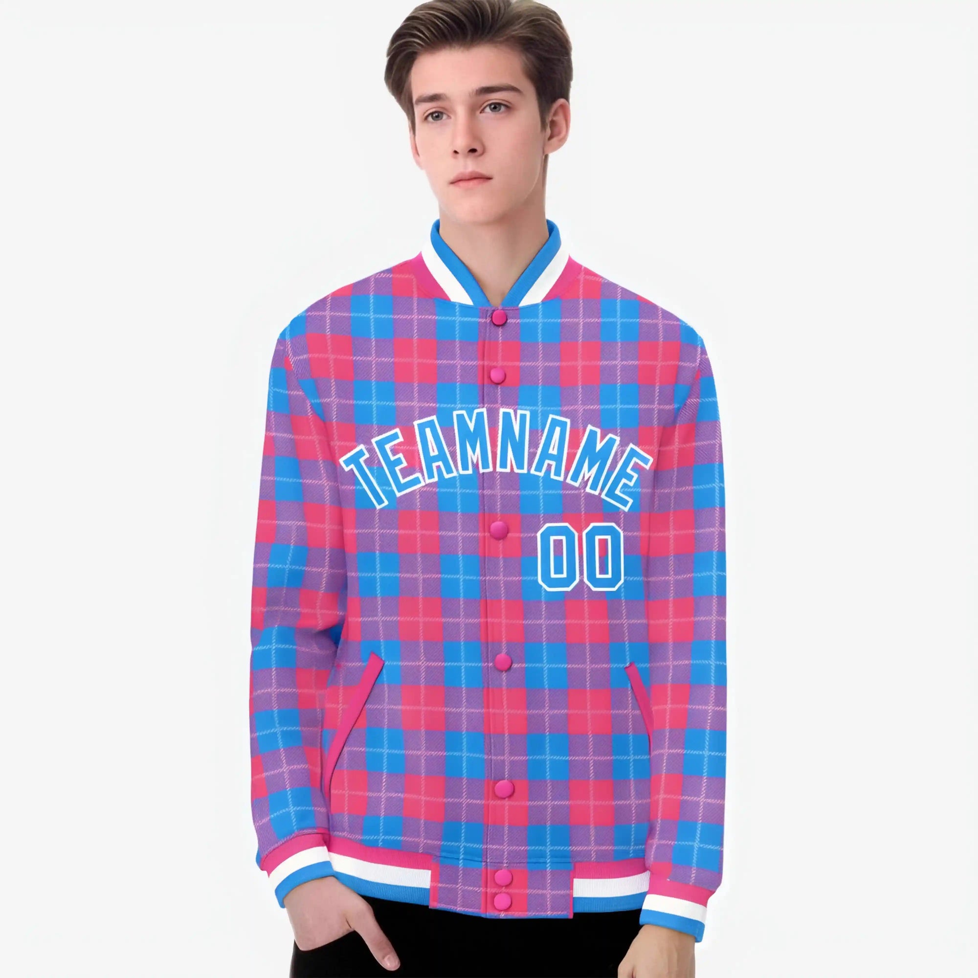 Custom Powder Blue-Pink Varsity Full-Snap Plaid Pattern Letterman Baseball Jacket