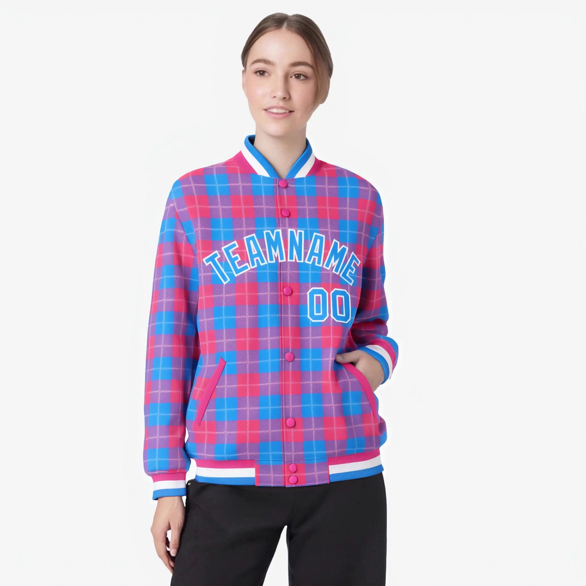 Custom Powder Blue-Pink Varsity Full-Snap Plaid Pattern Letterman Baseball Jacket