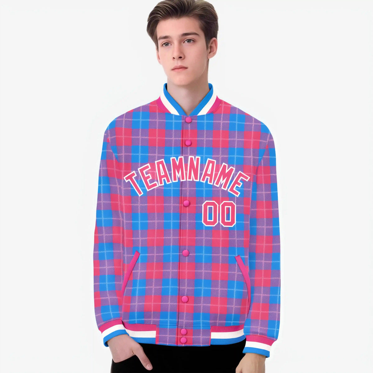 Custom Powder Blue-Pink Varsity Full-Snap Plaid Pattern Letterman Baseball Jacket