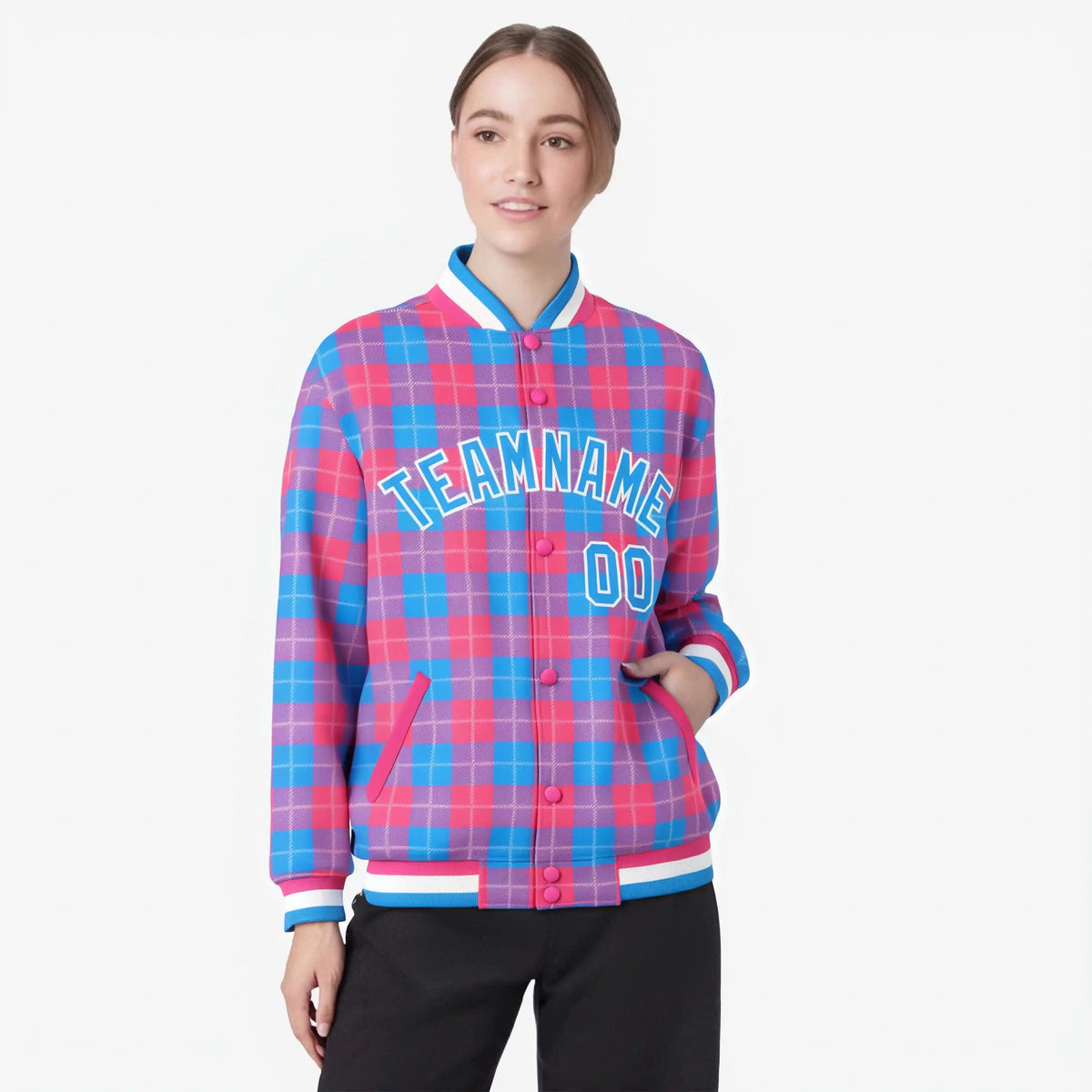 Custom Powder Blue-Pink Varsity Full-Snap Plaid Pattern Letterman Baseball Jacket