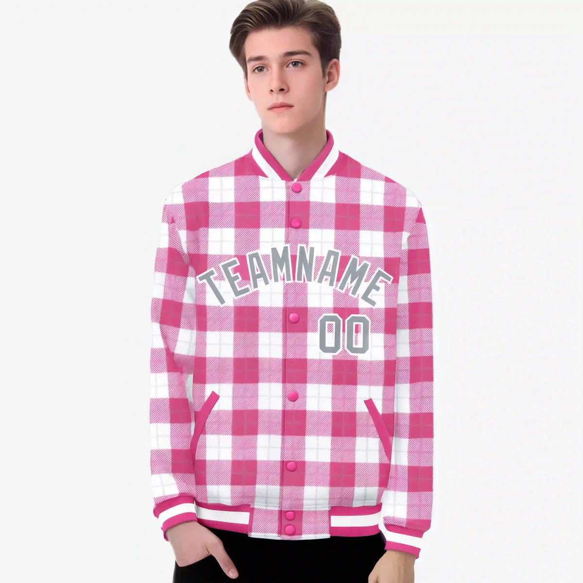 Custom Pink-White Varsity Full-Snap Plaid Pattern Letterman Baseball Jacket