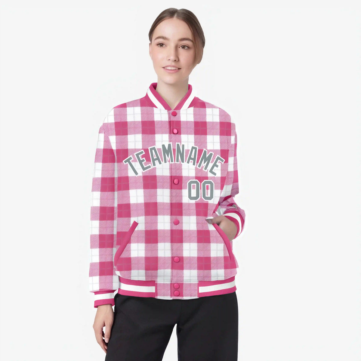 Custom Pink-White Varsity Full-Snap Plaid Pattern Letterman Baseball Jacket