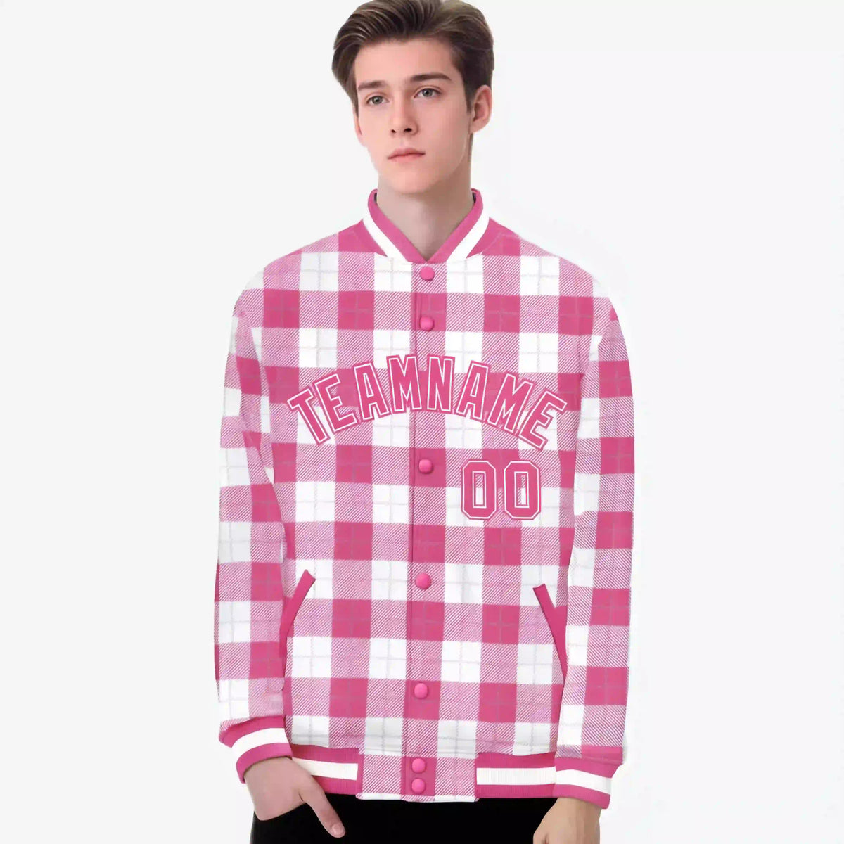 Custom Pink-White Varsity Full-Snap Plaid Pattern Letterman Baseball Jacket