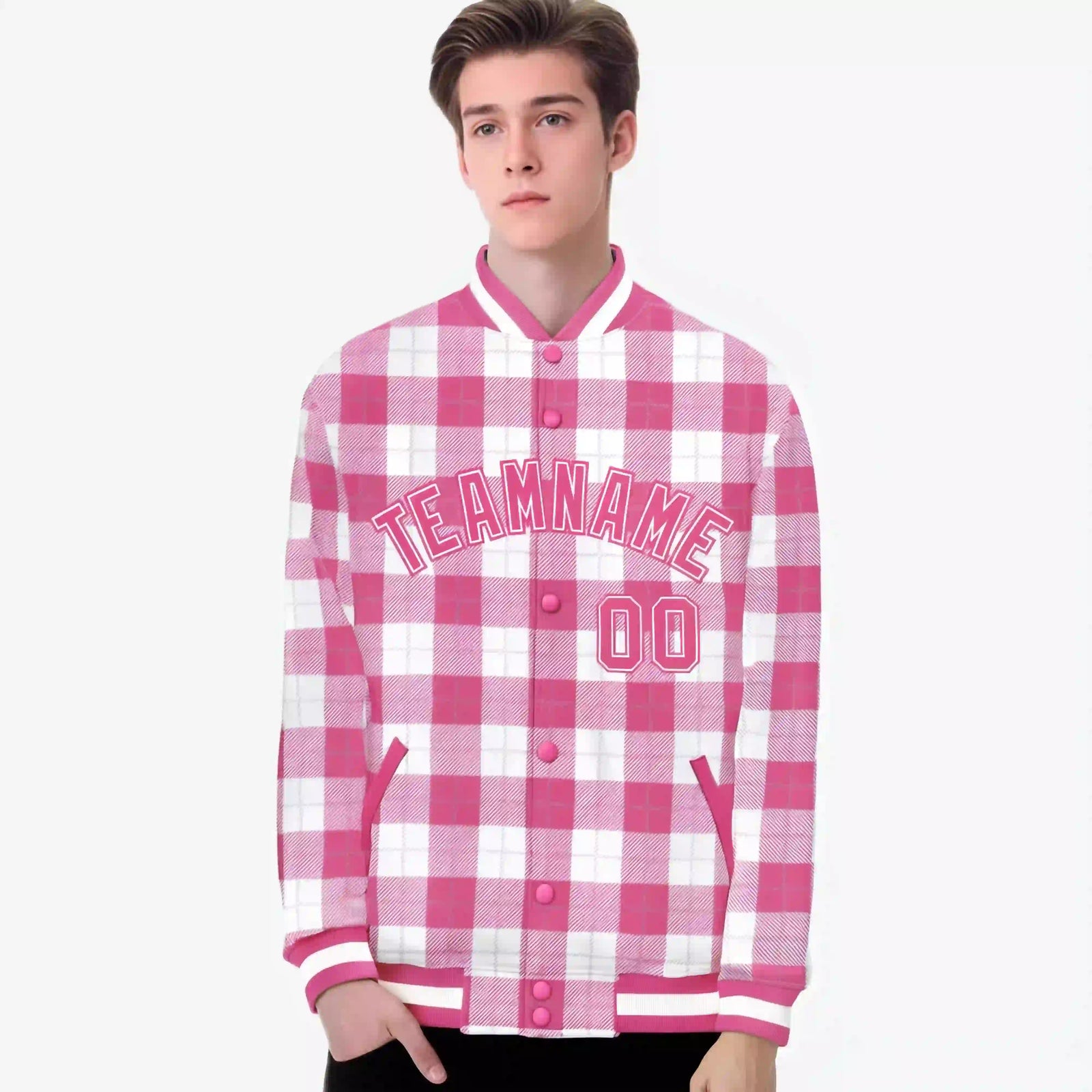 Custom Pink-White Varsity Full-Snap Plaid Pattern Letterman Baseball Jacket