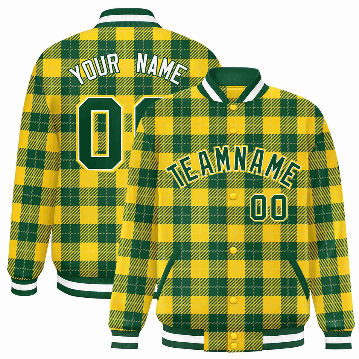 Custom Gold-Green Varsity Full-Snap Plaid Pattern Letterman Baseball Jacket
