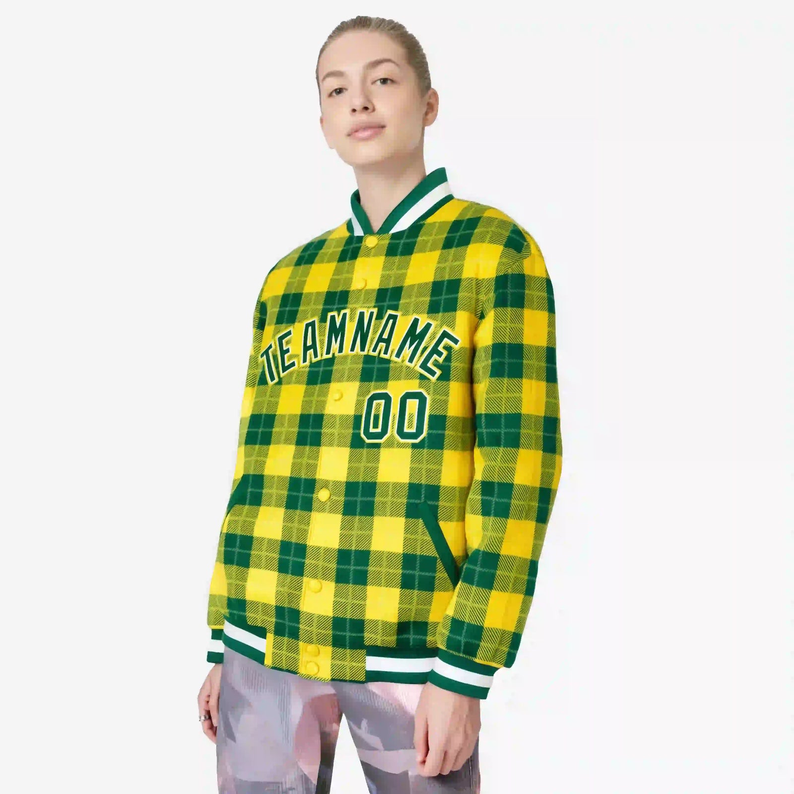 Custom Gold-Green Varsity Full-Snap Plaid Pattern Letterman Baseball Jacket