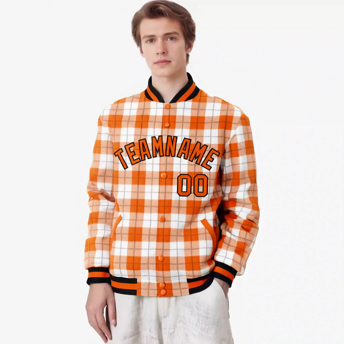 Custom Orange-White Varsity Full-Snap Plaid Pattern Letterman Baseball Jacket