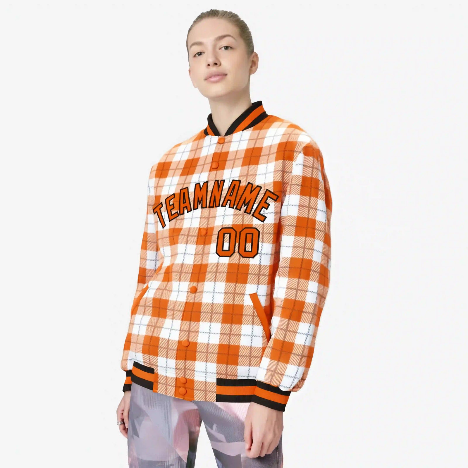 Custom Orange-White Varsity Full-Snap Plaid Pattern Letterman Baseball Jacket
