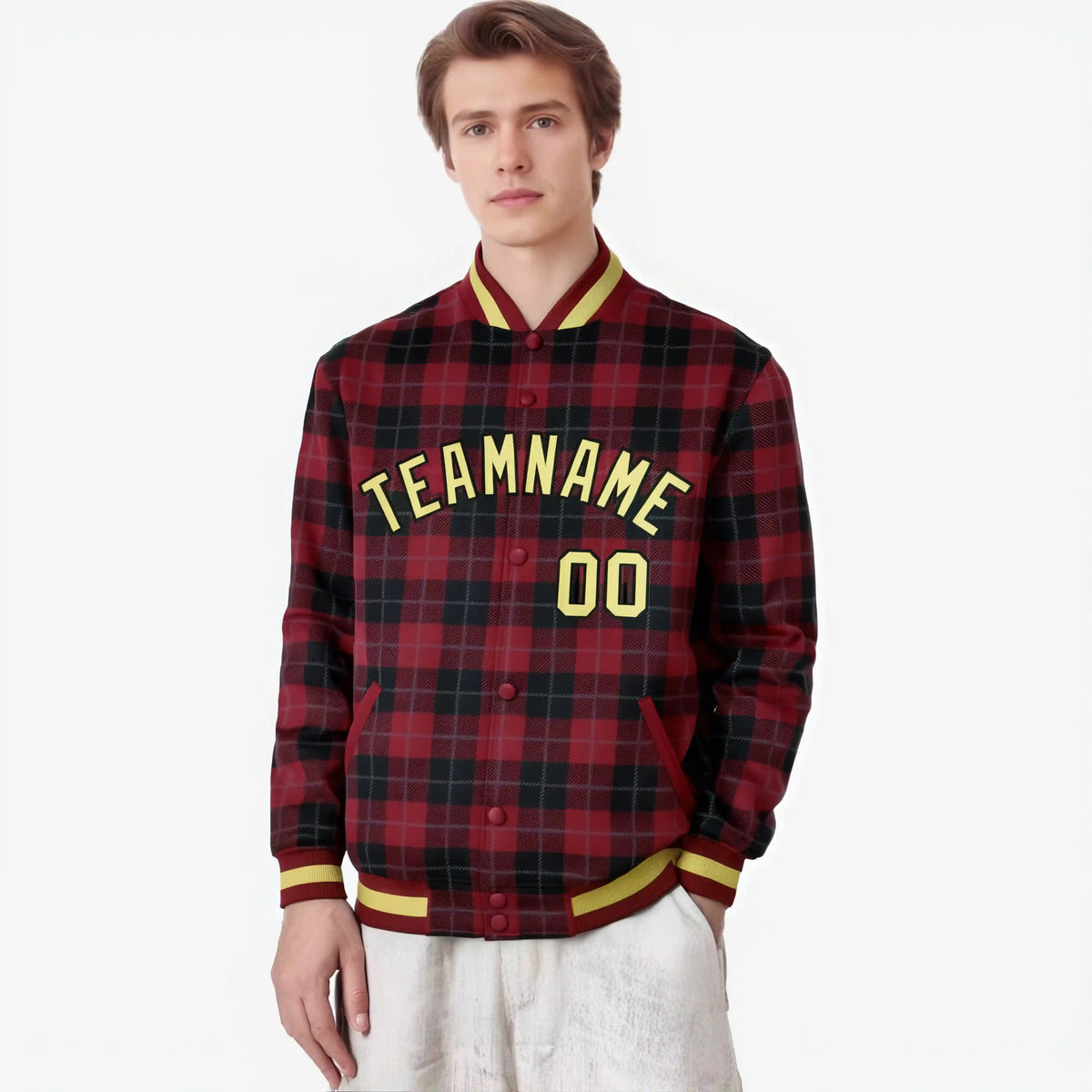 Custom Crimson-Black Varsity Full-Snap Plaid Pattern Letterman Baseball Jacket