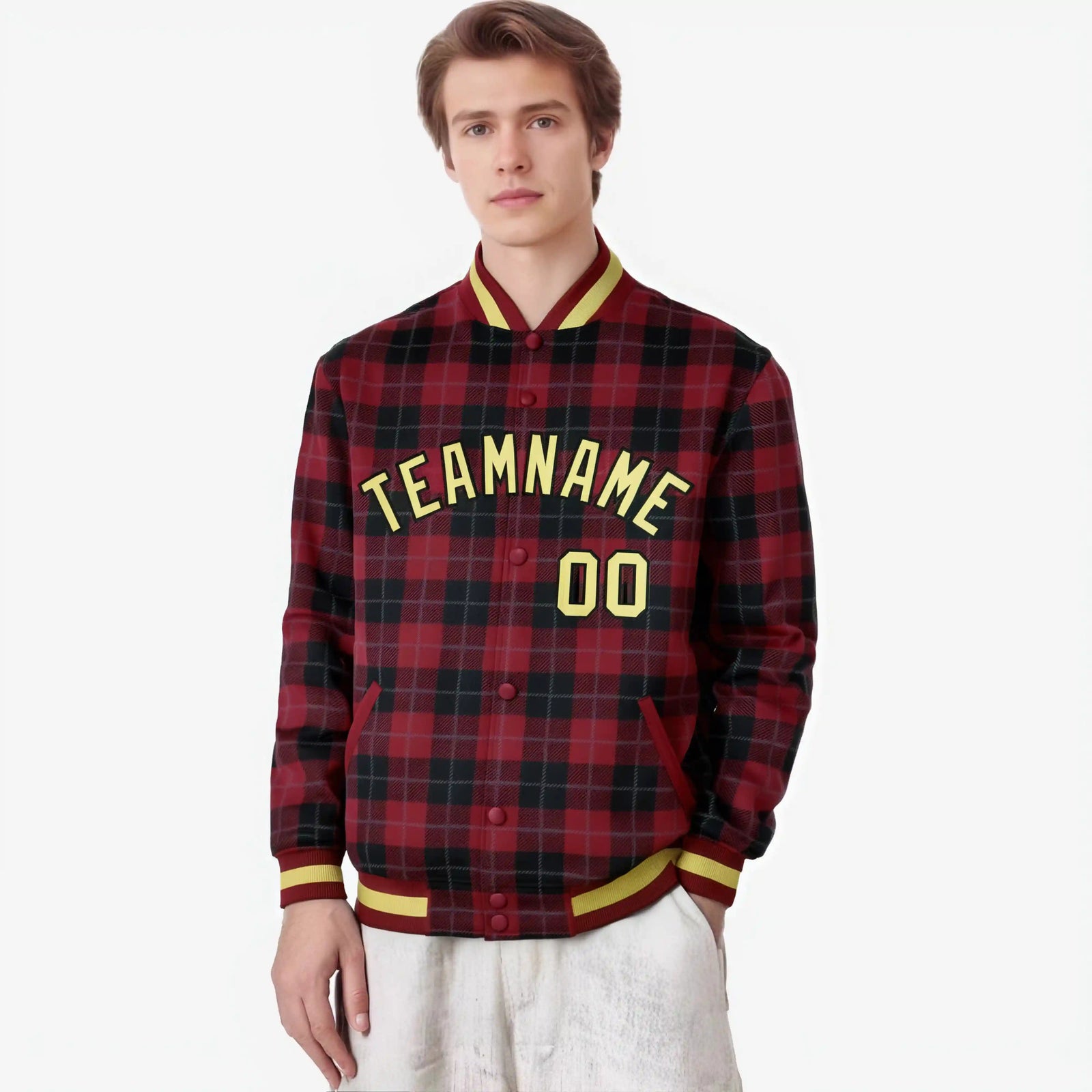 Custom Crimson-Black Varsity Full-Snap Plaid Pattern Letterman Baseball Jacket