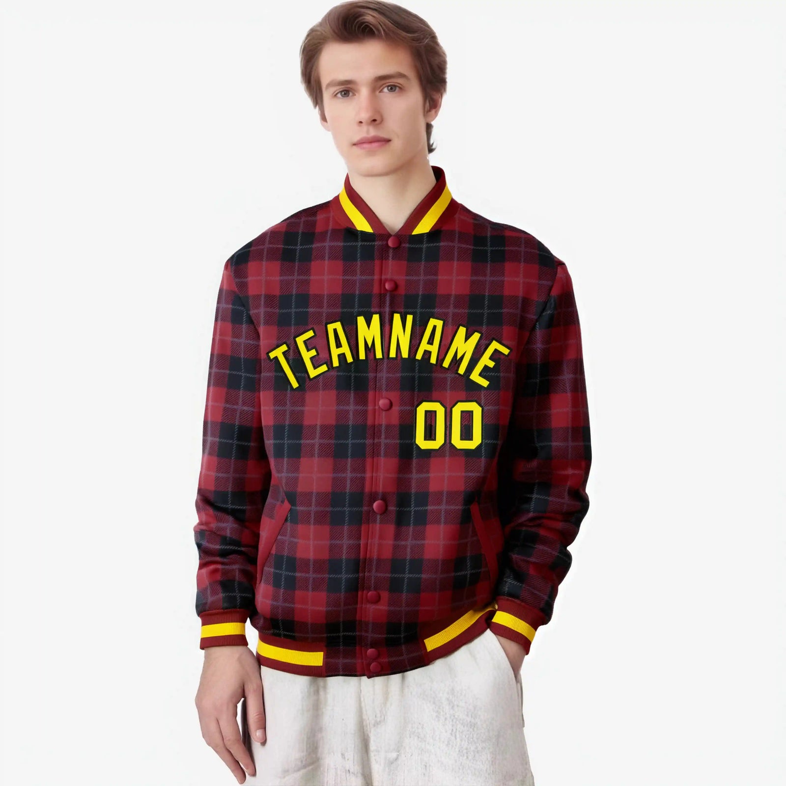 Custom Crimson-Black Varsity Full-Snap Plaid Pattern Letterman Baseball Jacket