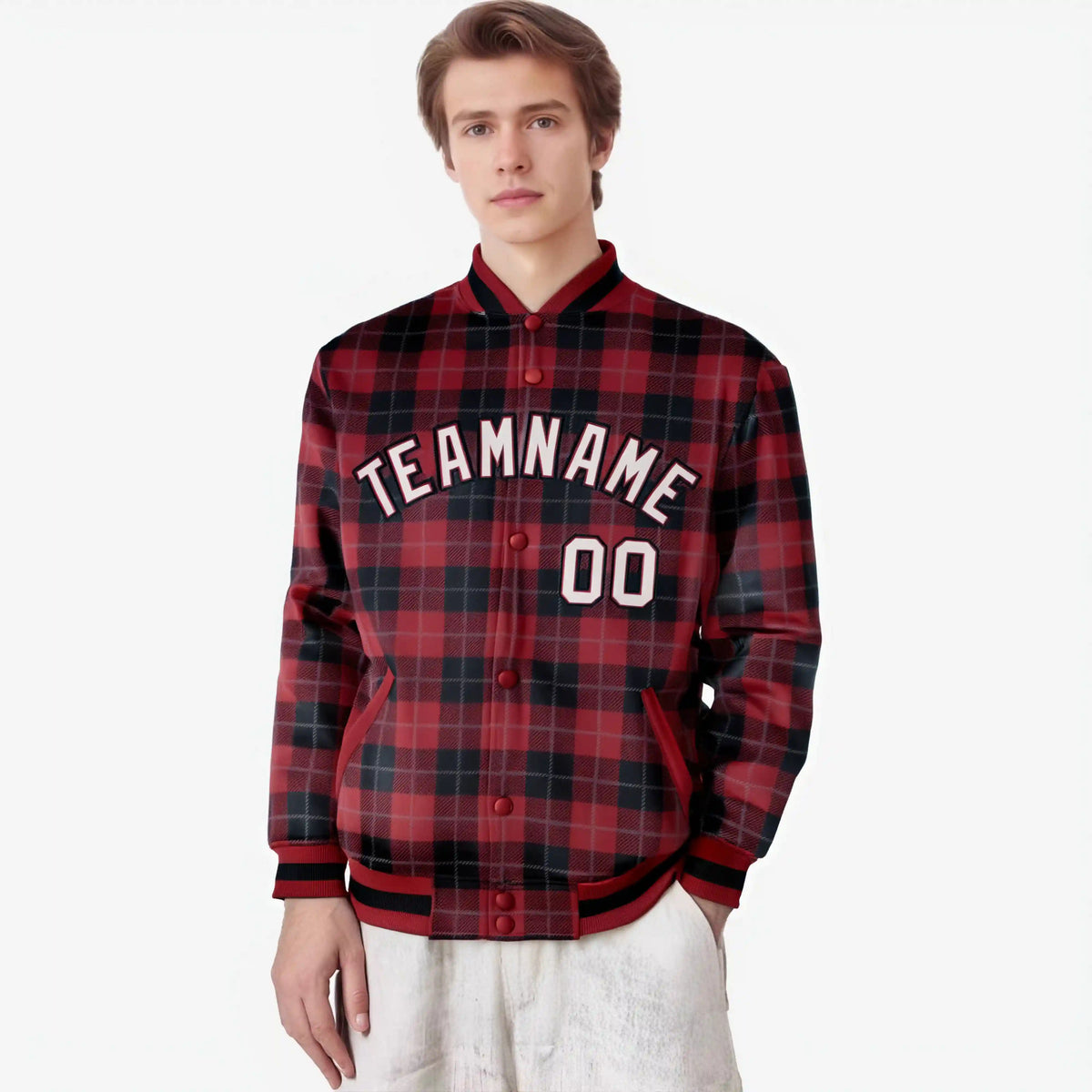 Custom Crimson-Black Varsity Full-Snap Plaid Pattern Letterman Baseball Jacket