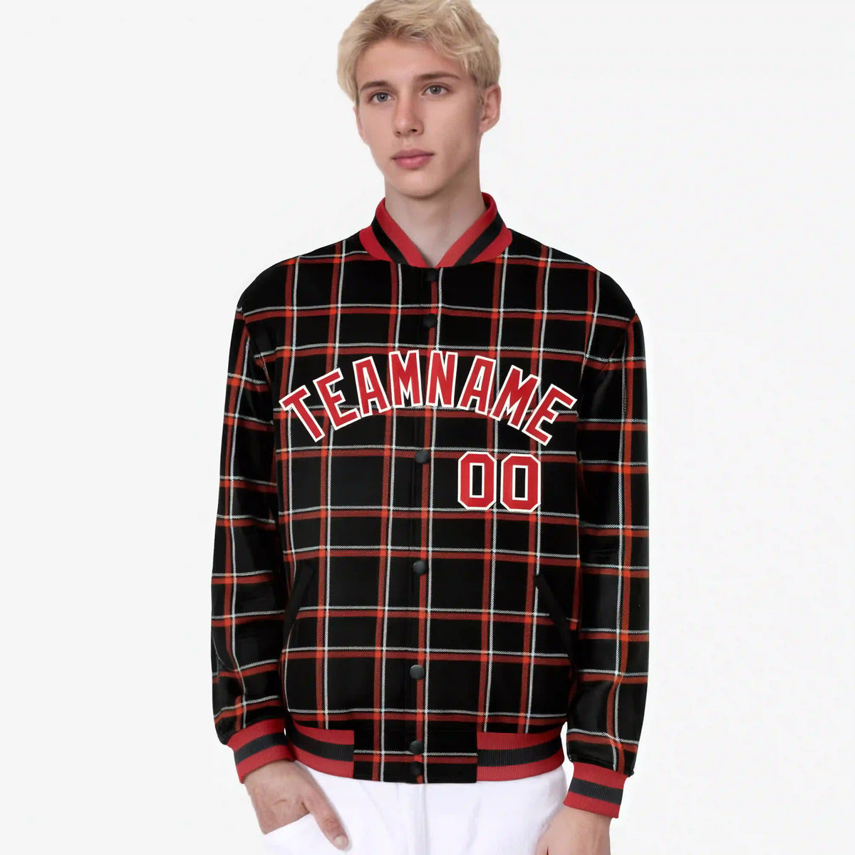 Custom Black-Red Varsity Full-Snap Plaid Pattern Letterman Baseball Jacket