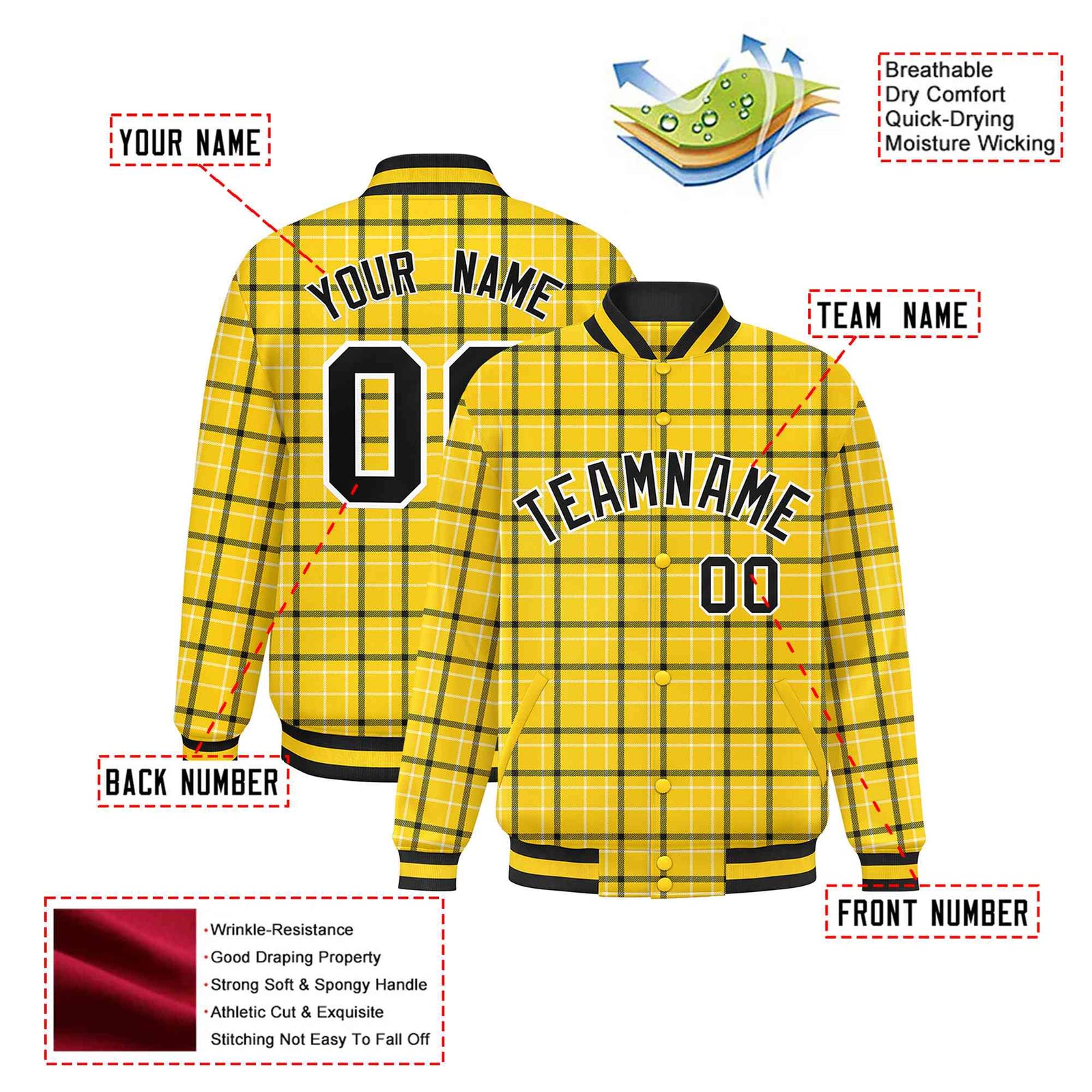 Custom Gold-Black Varsity Full-Snap Plaid Pattern Letterman Baseball Jacket