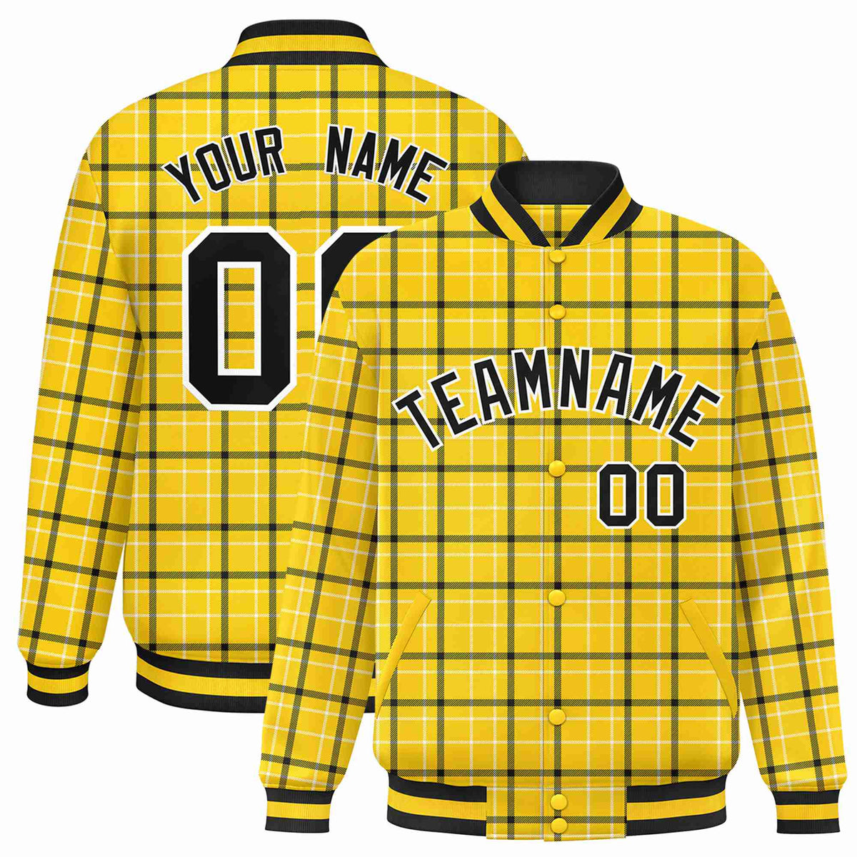 Custom Gold-Black Varsity Full-Snap Plaid Pattern Letterman Baseball Jacket