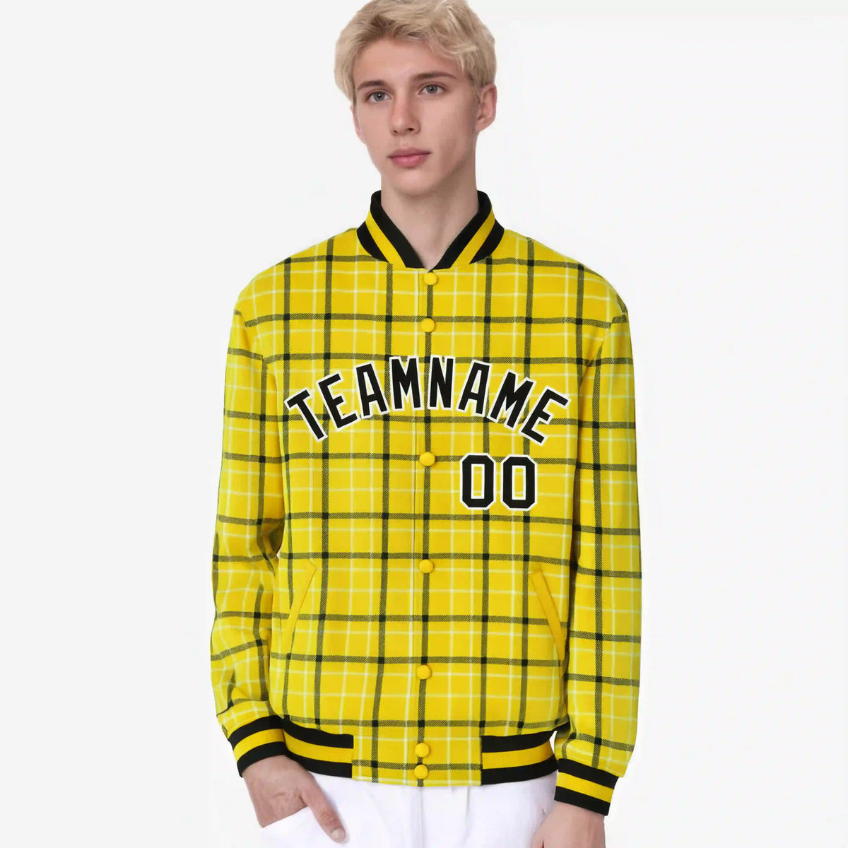 Custom Gold-Black Varsity Full-Snap Plaid Pattern Letterman Baseball Jacket