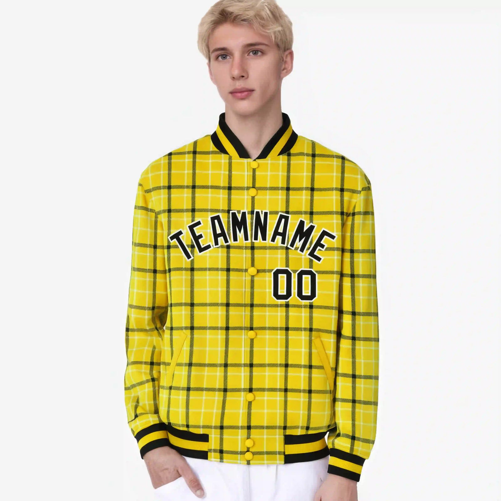 Custom Gold-Black Varsity Full-Snap Plaid Pattern Letterman Baseball Jacket
