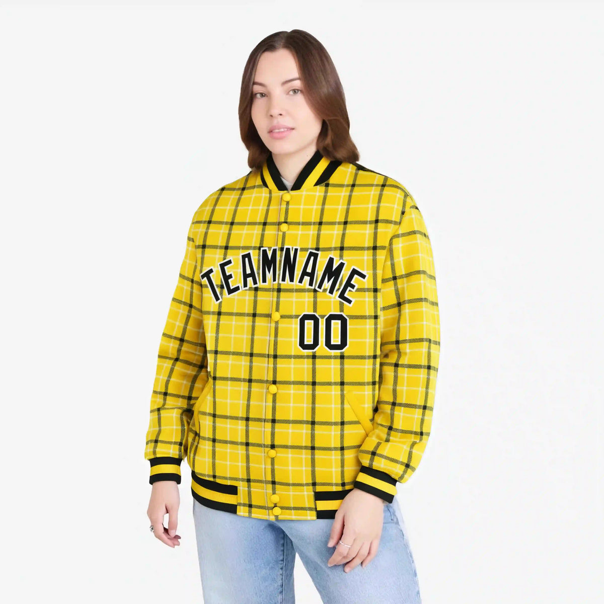 Custom Gold-Black Varsity Full-Snap Plaid Pattern Letterman Baseball Jacket