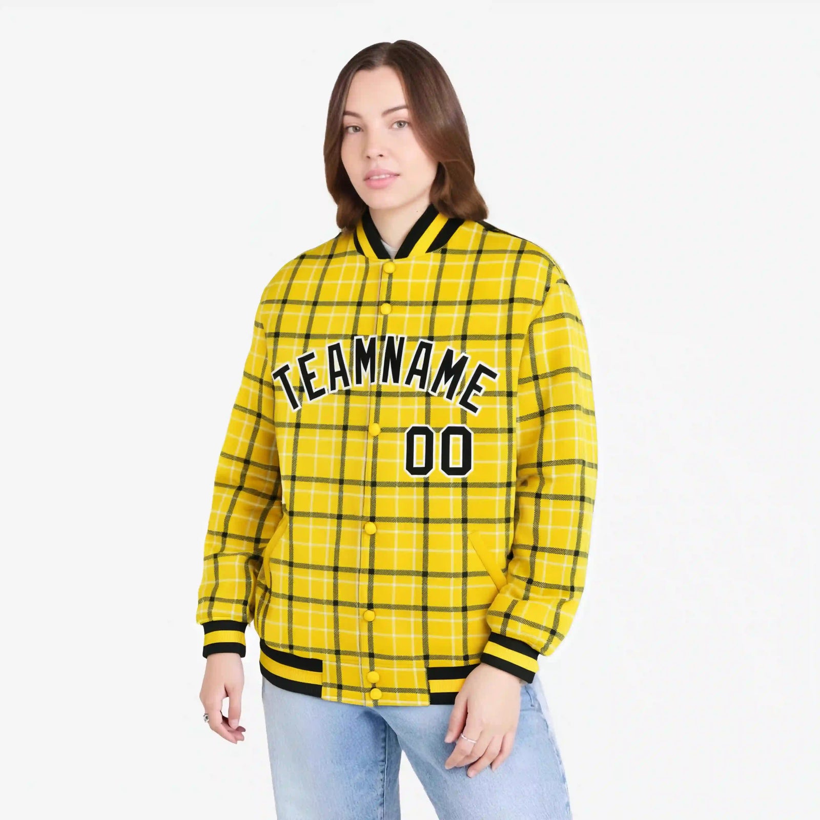 Custom Gold-Black Varsity Full-Snap Plaid Pattern Letterman Baseball Jacket