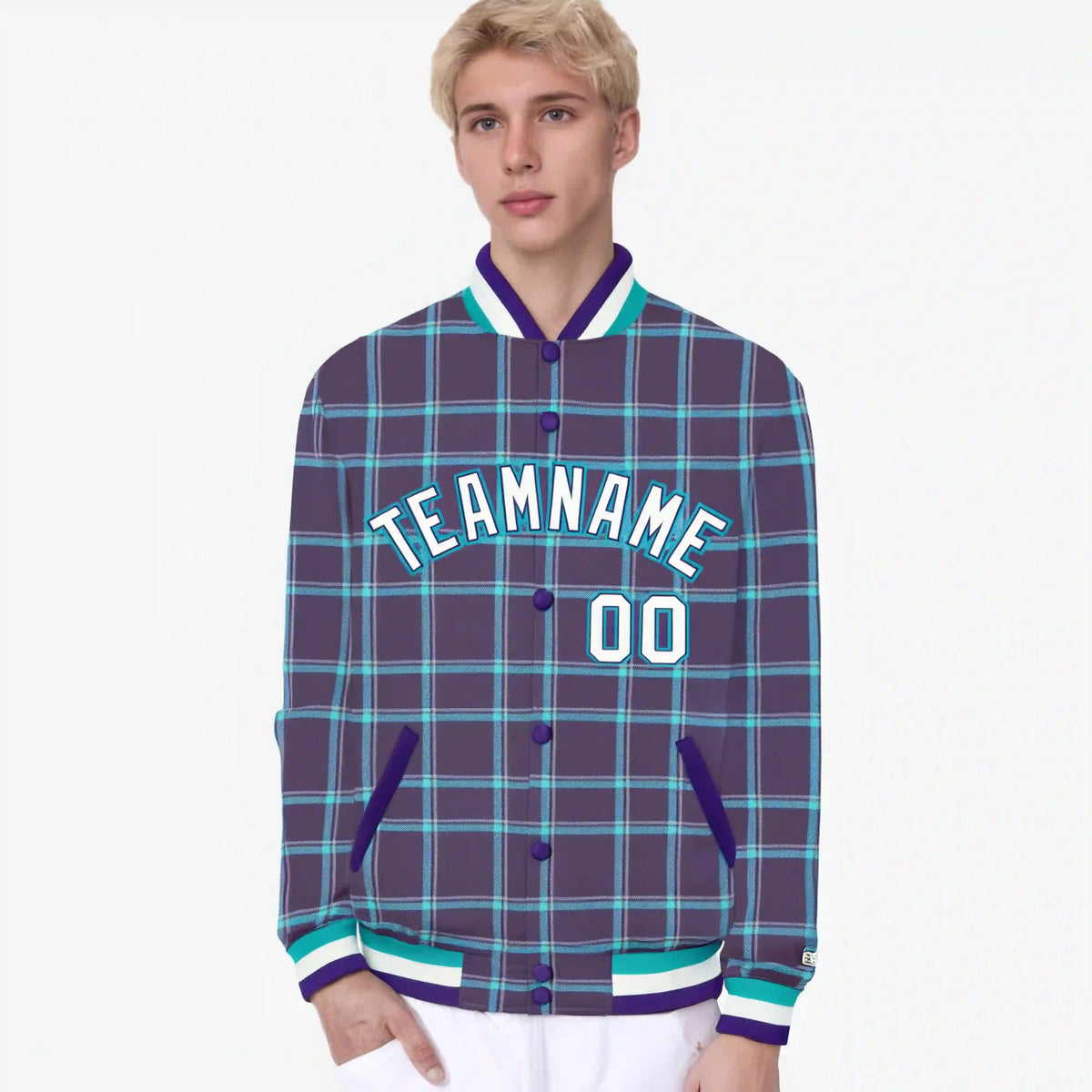Custom Purple-Aqua Varsity Full-Snap Plaid Pattern Letterman Baseball Jacket