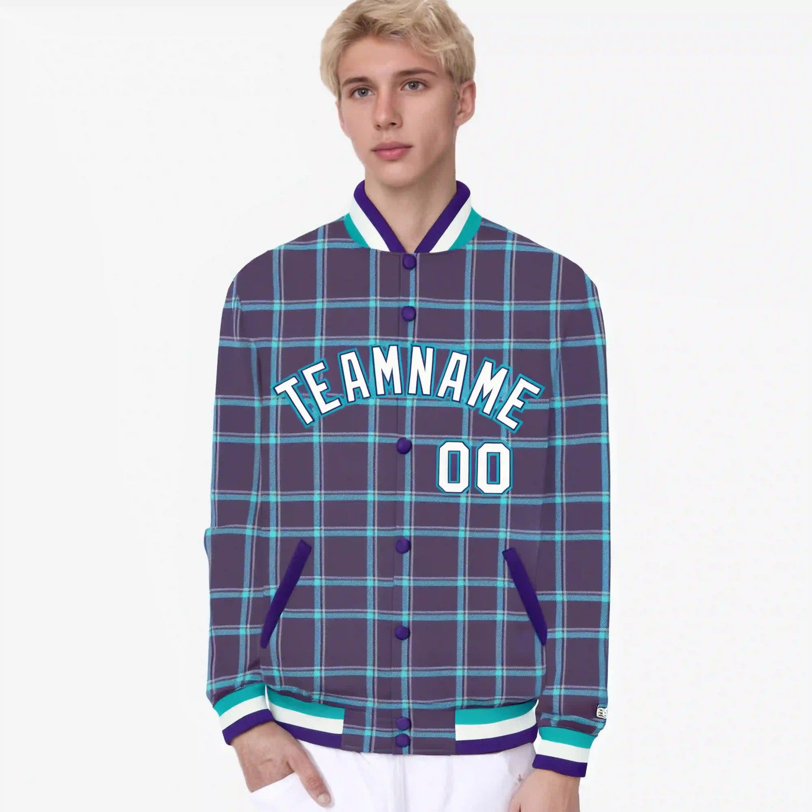 Custom Purple-Aqua Varsity Full-Snap Plaid Pattern Letterman Baseball Jacket