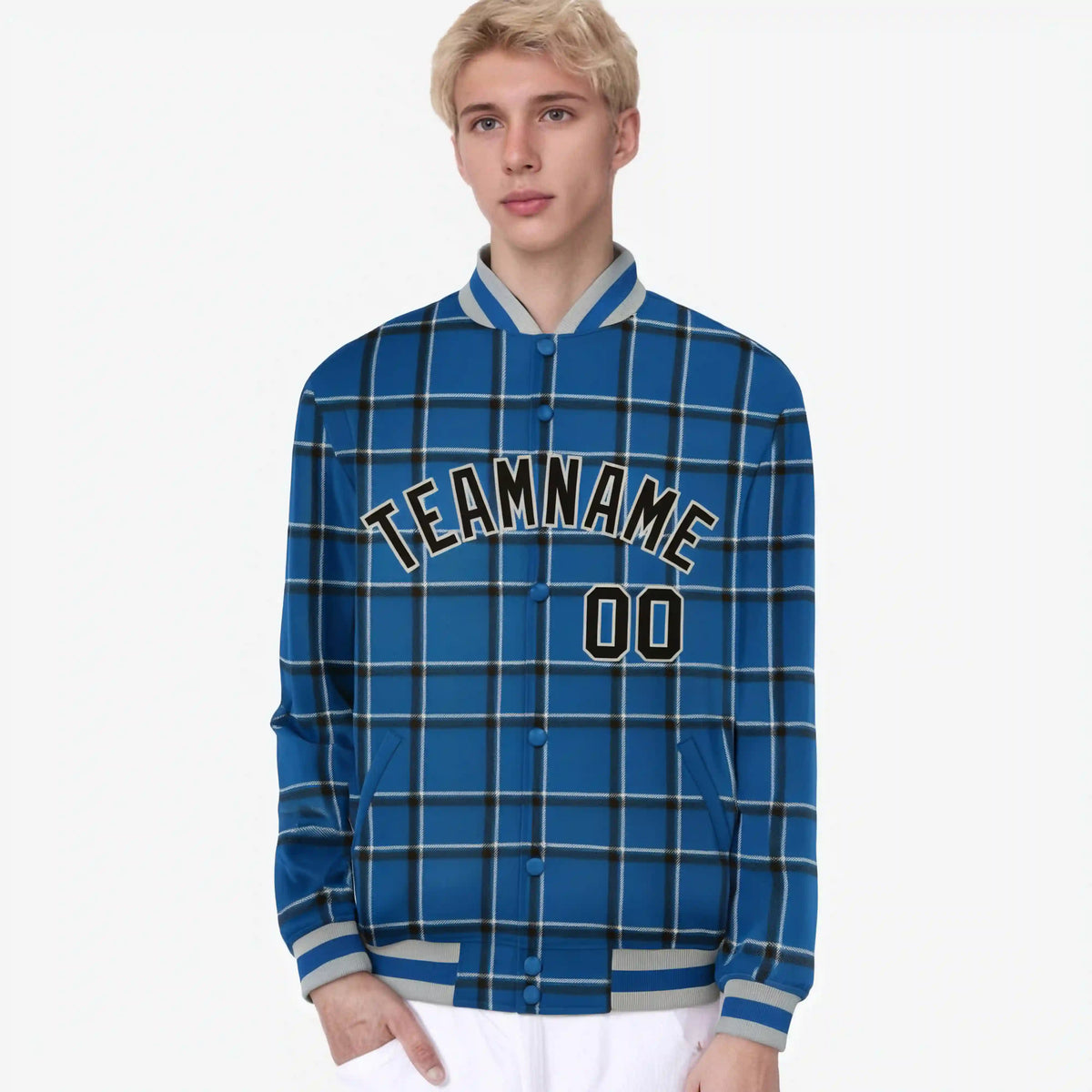 Custom Royal Blue-Black Varsity Full-Snap Plaid Pattern Letterman Baseball Jacket