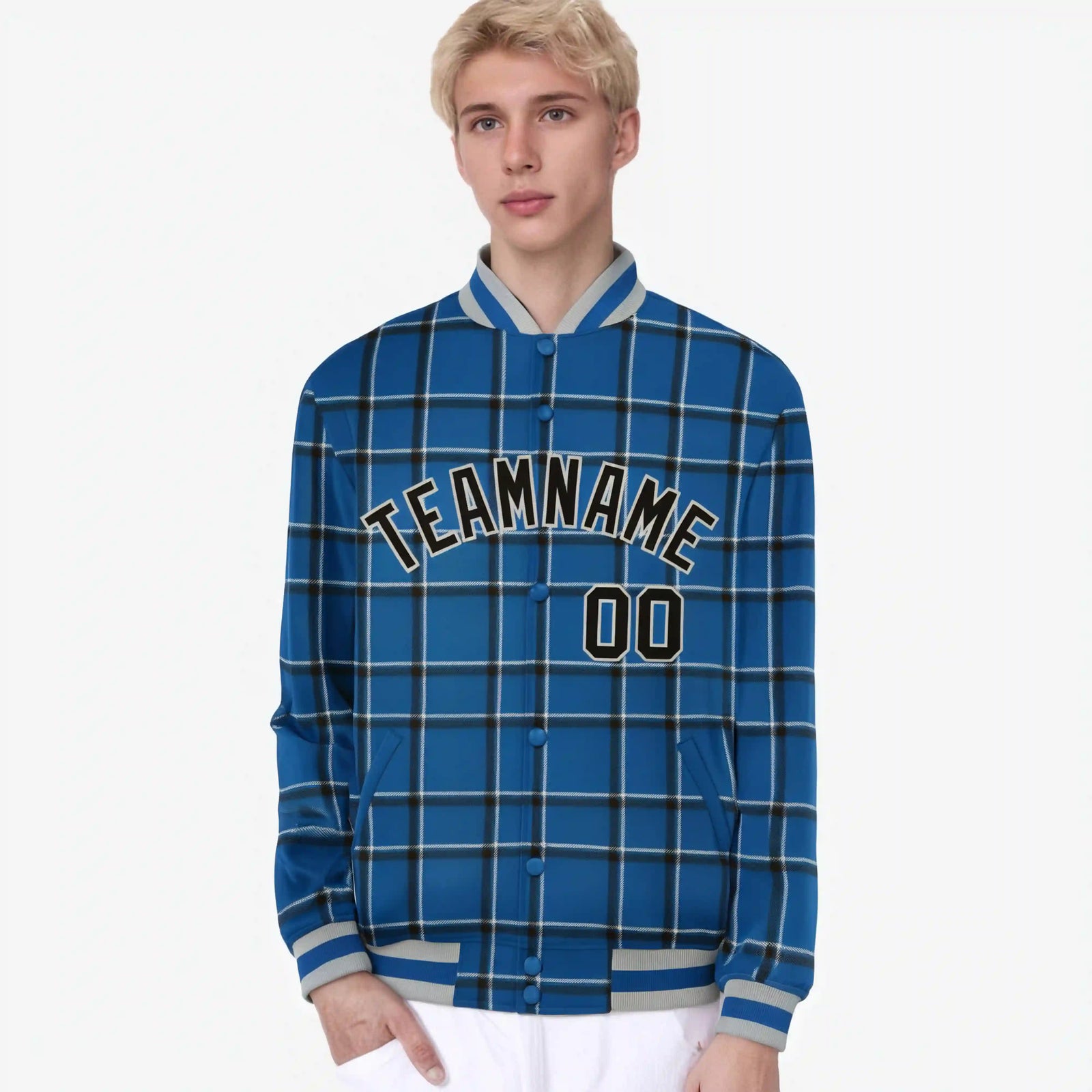 Custom Royal Blue-Black Varsity Full-Snap Plaid Pattern Letterman Baseball Jacket