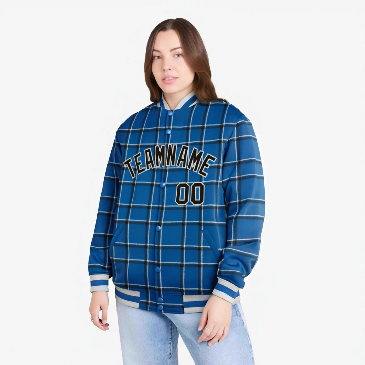 Custom Royal Blue-Black Varsity Full-Snap Plaid Pattern Letterman Baseball Jacket