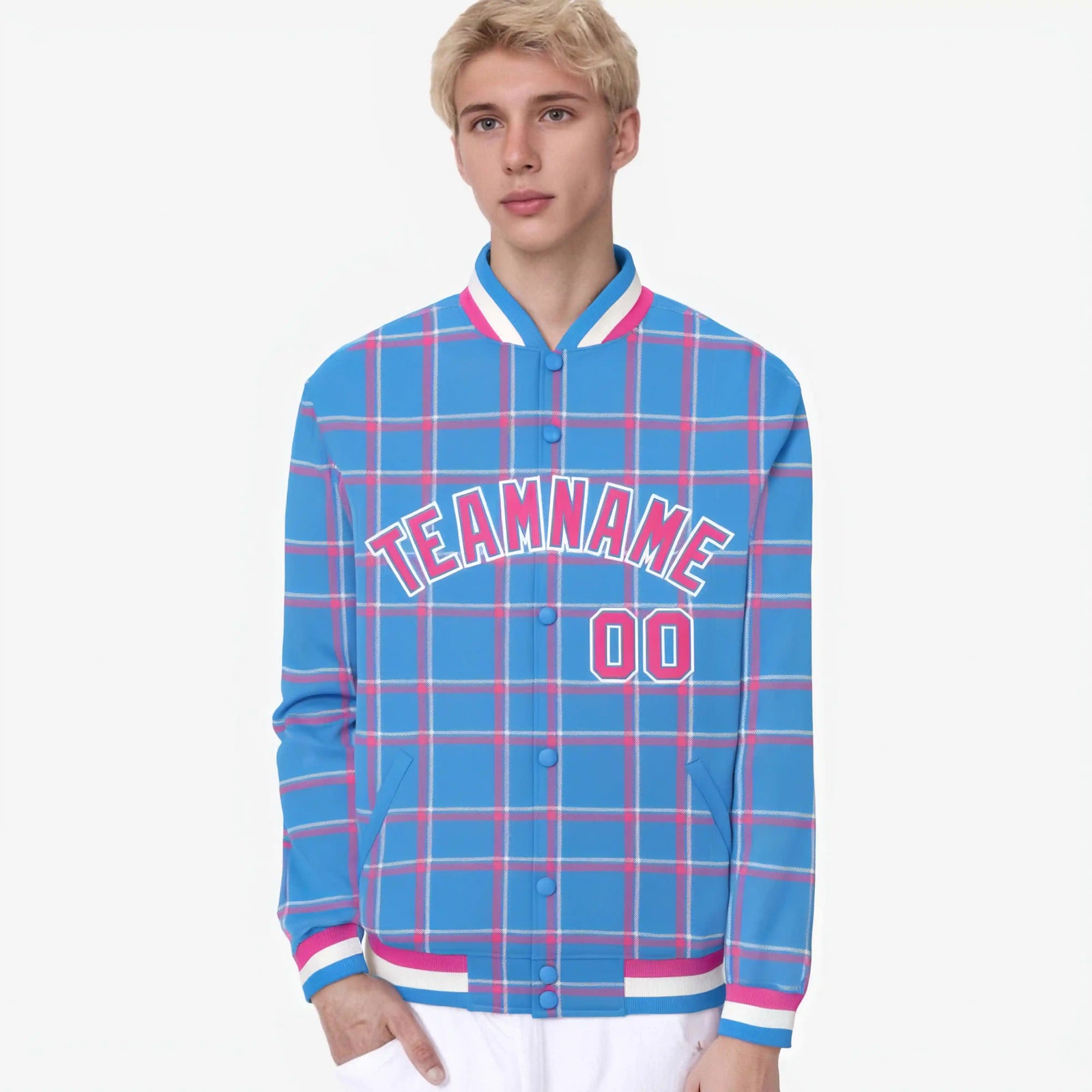 Custom Powder Blue-Pink Varsity Full-Snap Plaid Pattern Letterman Baseball Jacket