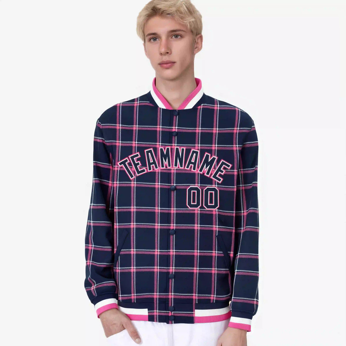Custom Navy-Pink Varsity Full-Snap Plaid Pattern Letterman Baseball Jacket