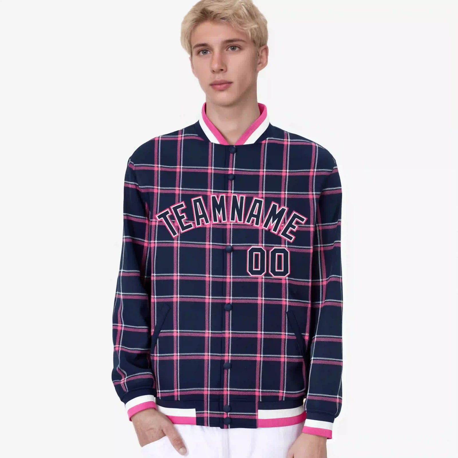 Custom Navy-Pink Varsity Full-Snap Plaid Pattern Letterman Baseball Jacket
