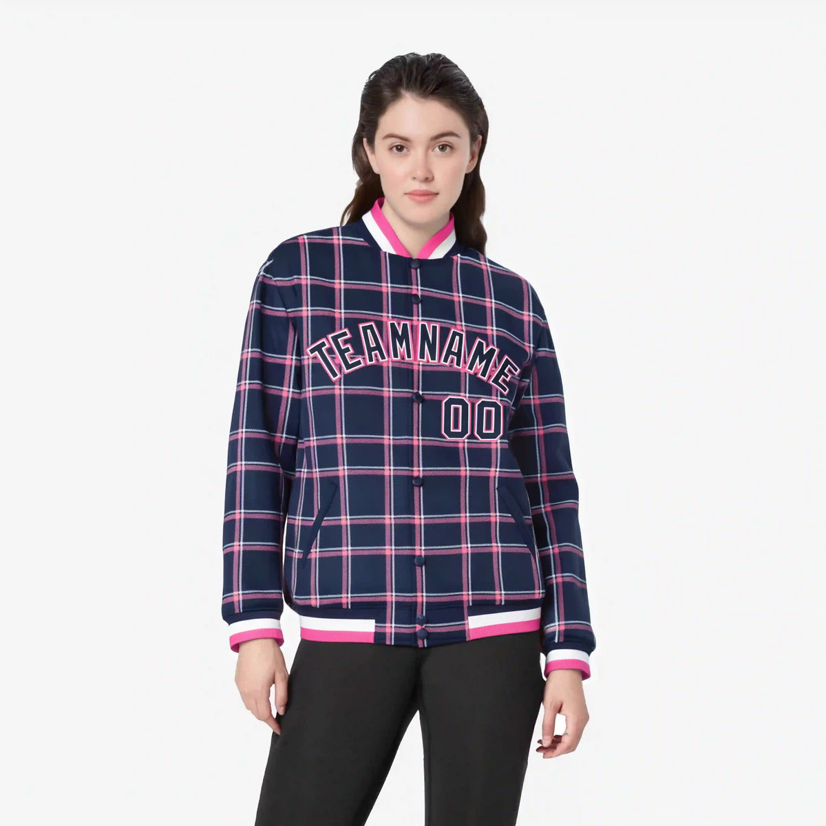 Custom Navy-Pink Varsity Full-Snap Plaid Pattern Letterman Baseball Jacket