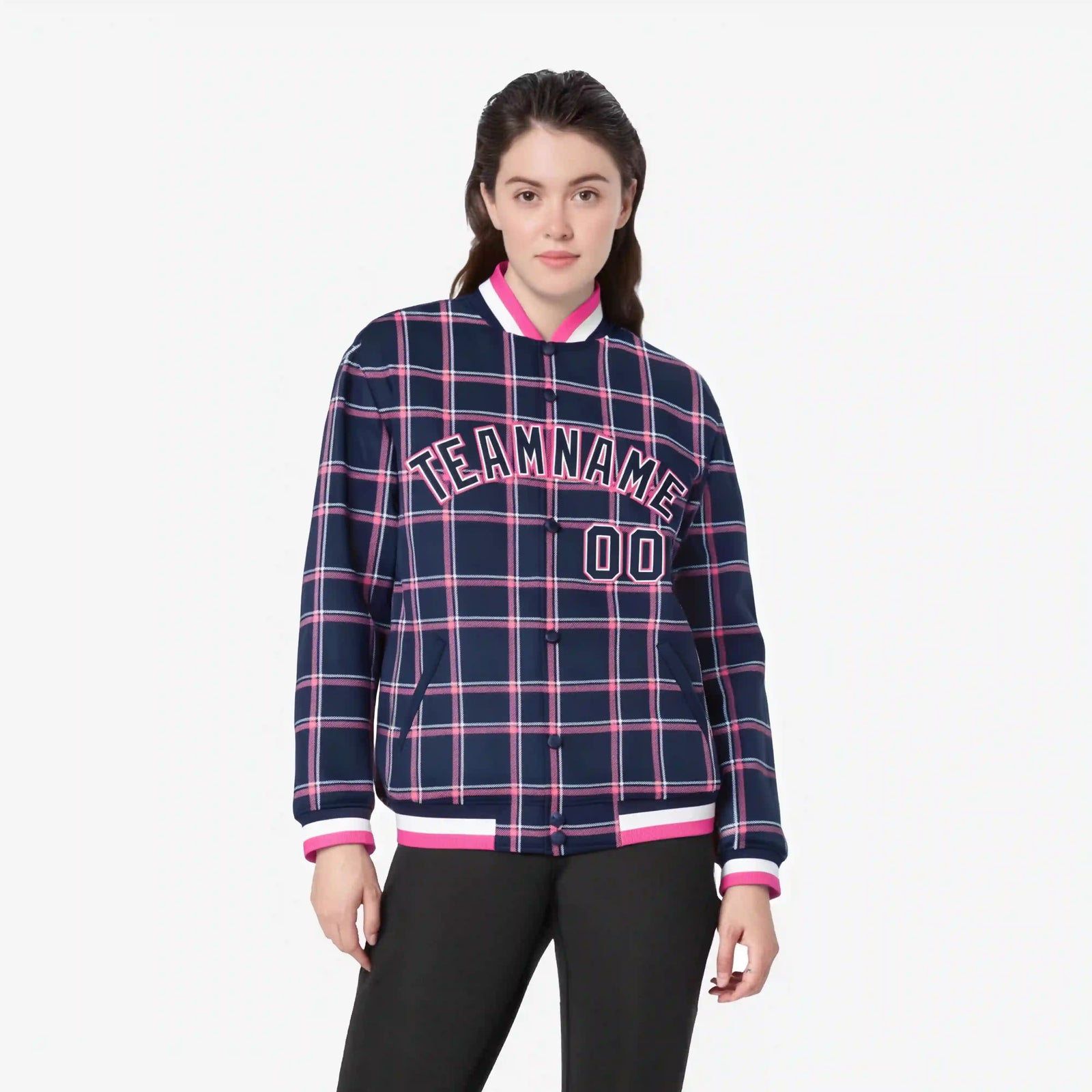 Custom Navy-Pink Varsity Full-Snap Plaid Pattern Letterman Baseball Jacket