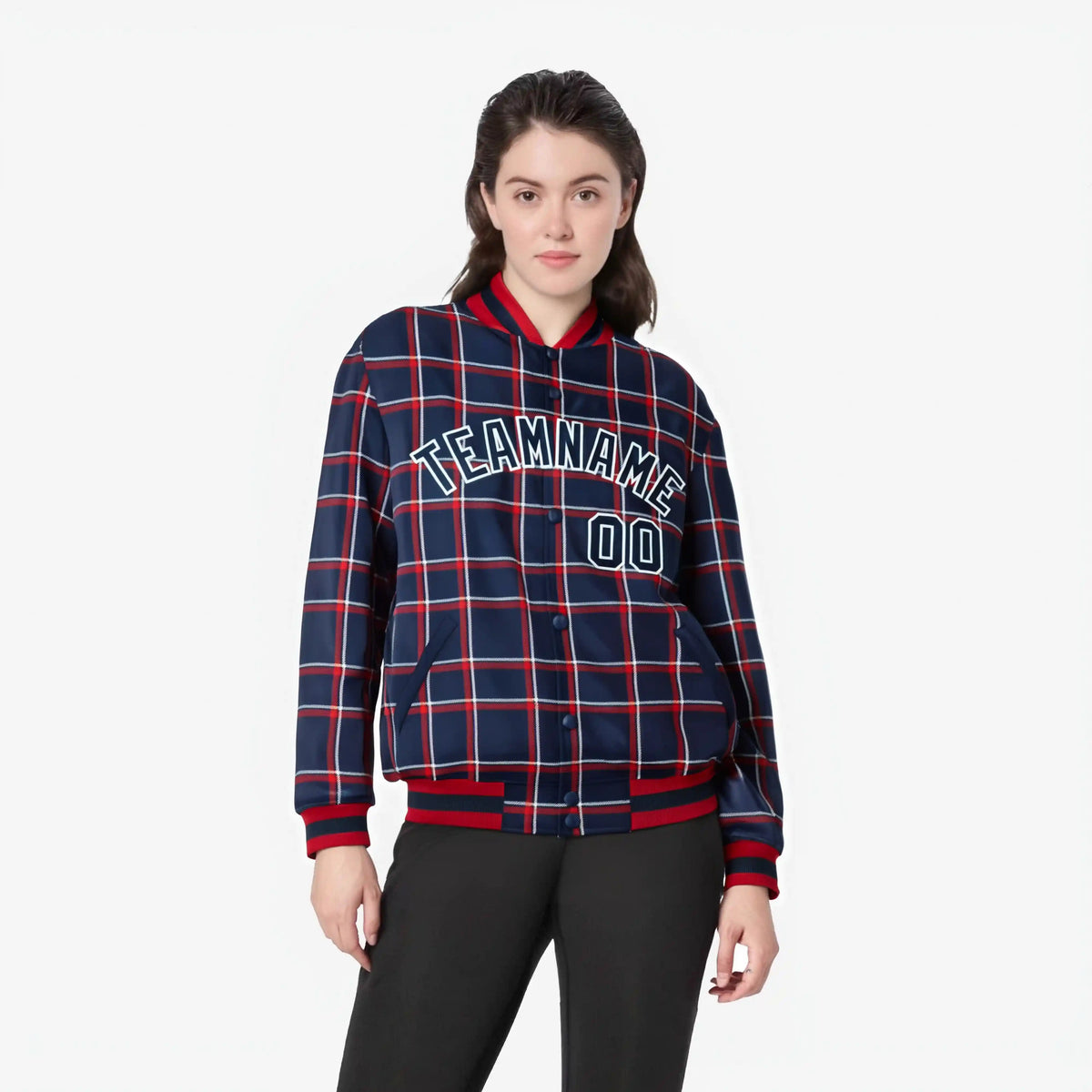 Custom Navy-Red Varsity Full-Snap Plaid Pattern Letterman Baseball Jacket
