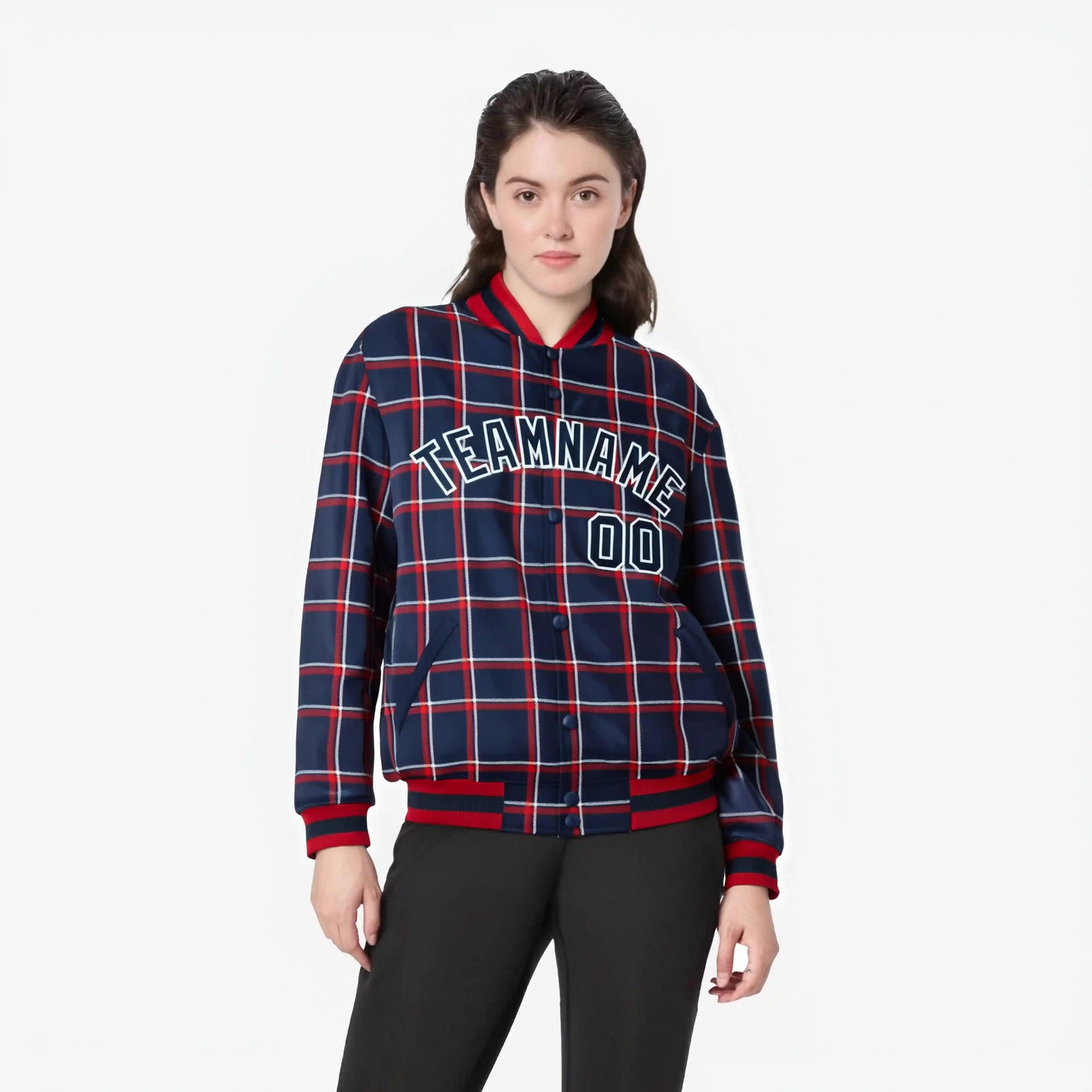 Custom Navy-Red Varsity Full-Snap Plaid Pattern Letterman Baseball Jacket