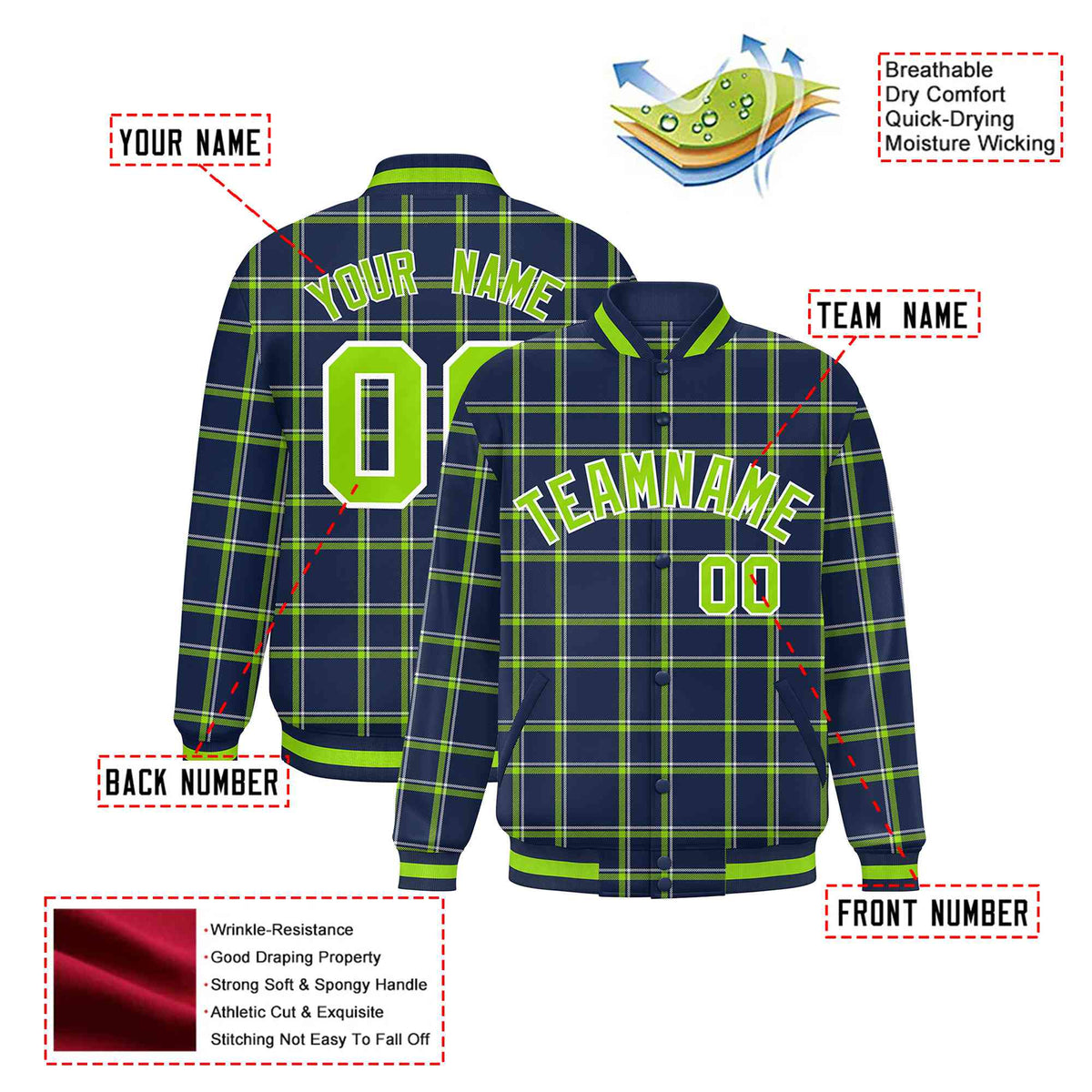 Custom Navy-Kelly Green Varsity Full-Snap Plaid Pattern Letterman Baseball Jacket
