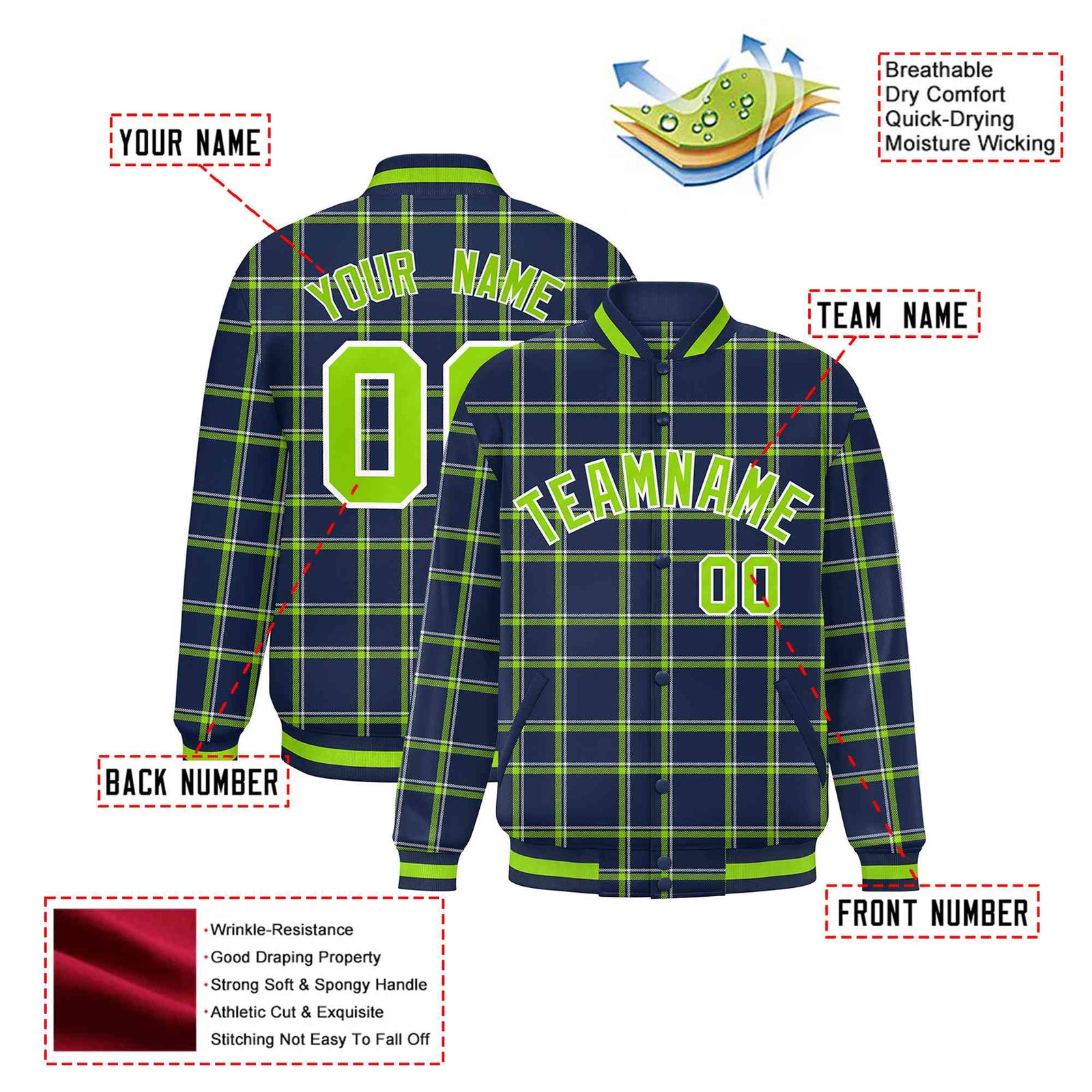 Custom Navy-Kelly Green Varsity Full-Snap Plaid Pattern Letterman Baseball Jacket