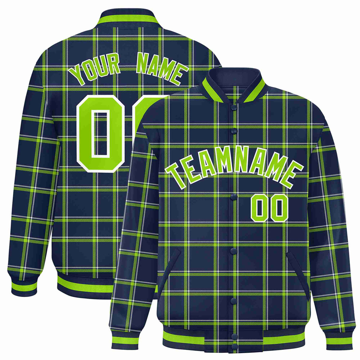 Custom Navy-Kelly Green Varsity Full-Snap Plaid Pattern Letterman Baseball Jacket